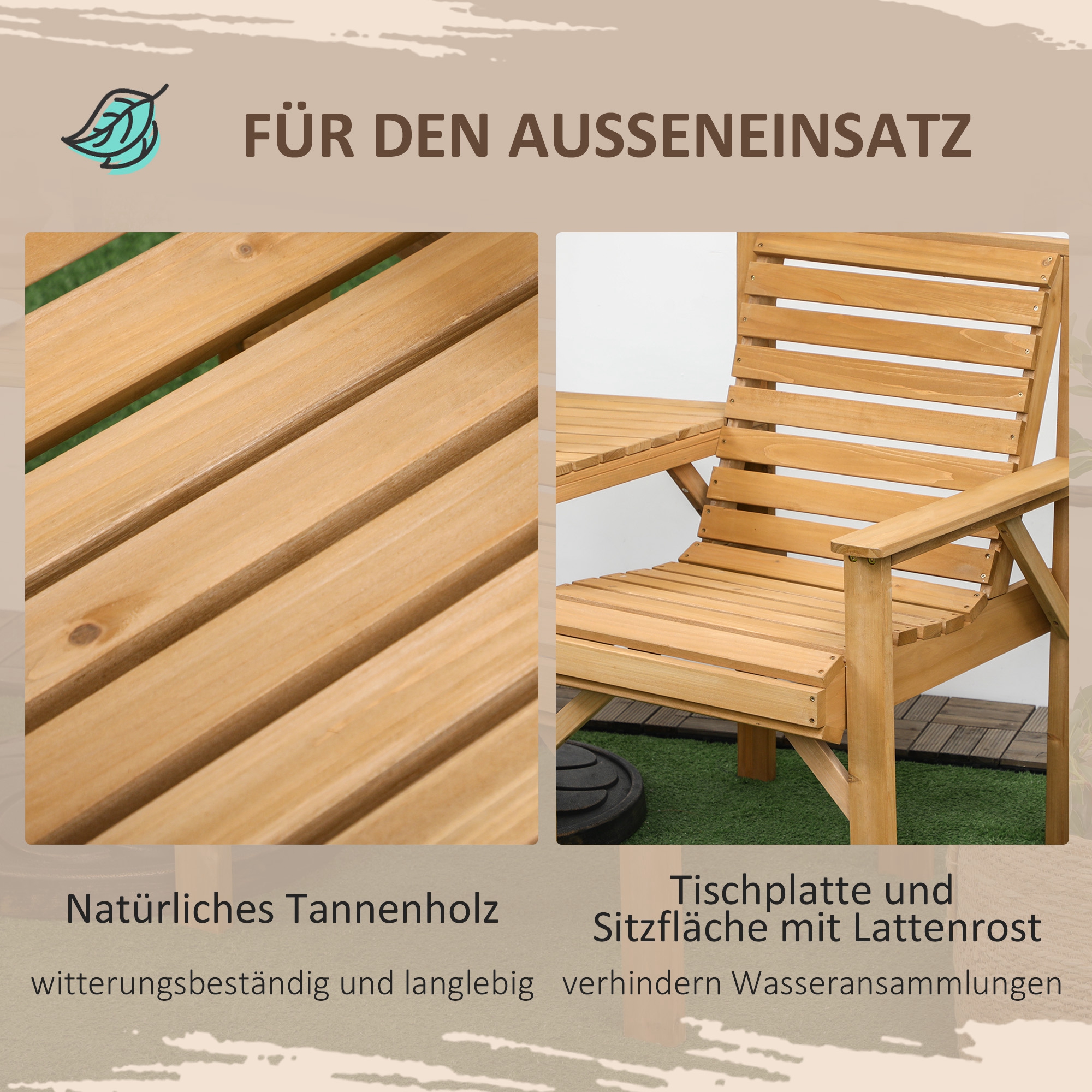Bistro-Set 3-teilig aus Holz Wetterfest Gartenmöbel Set mit Lamellendesign Sonnenschirmloch Braun