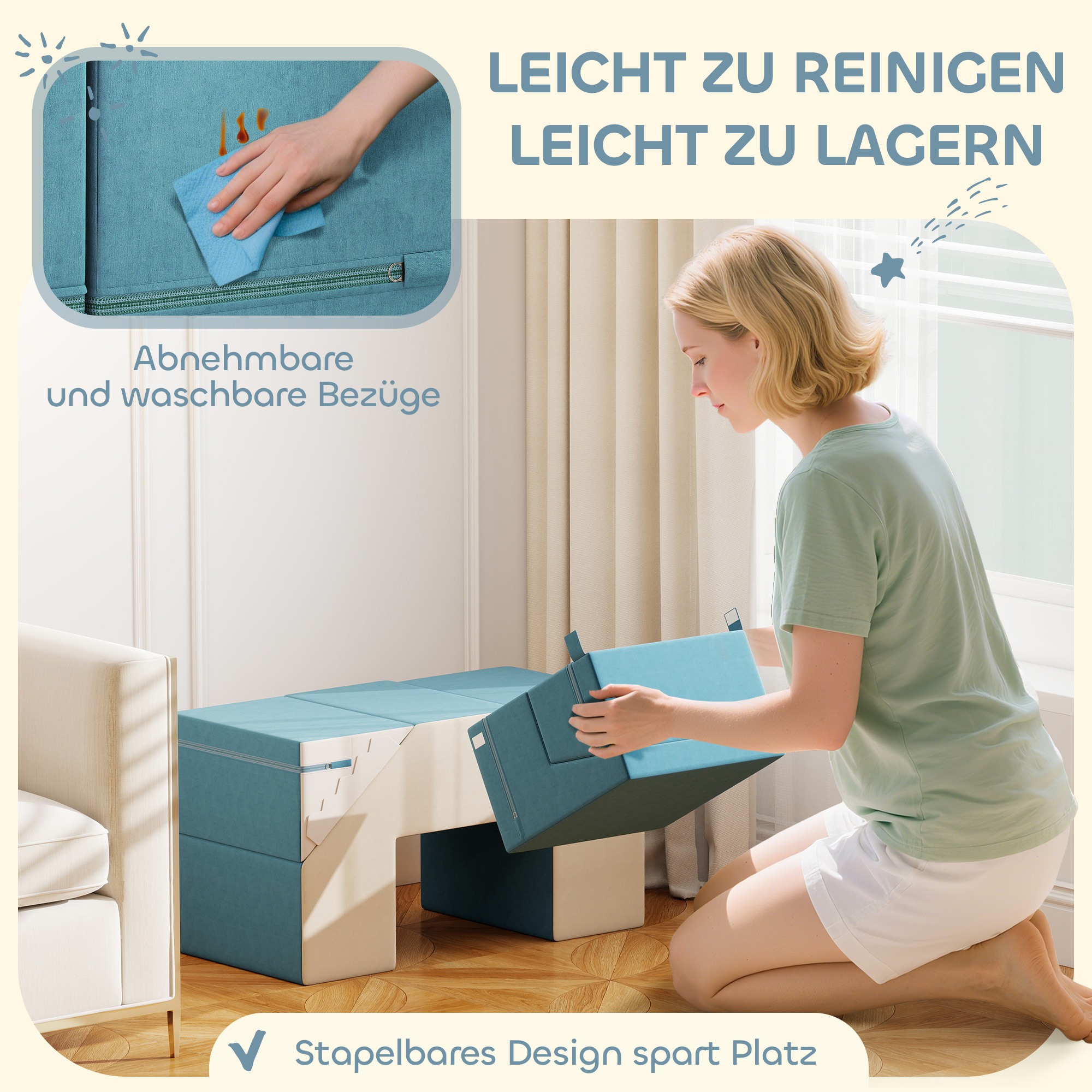 2-teiliges weiches Spielblöcke-Set für Kleinkinder, Kunstleder, Schaumstoff, zum Klettern, Bauen, Spielen, Beige+Blau