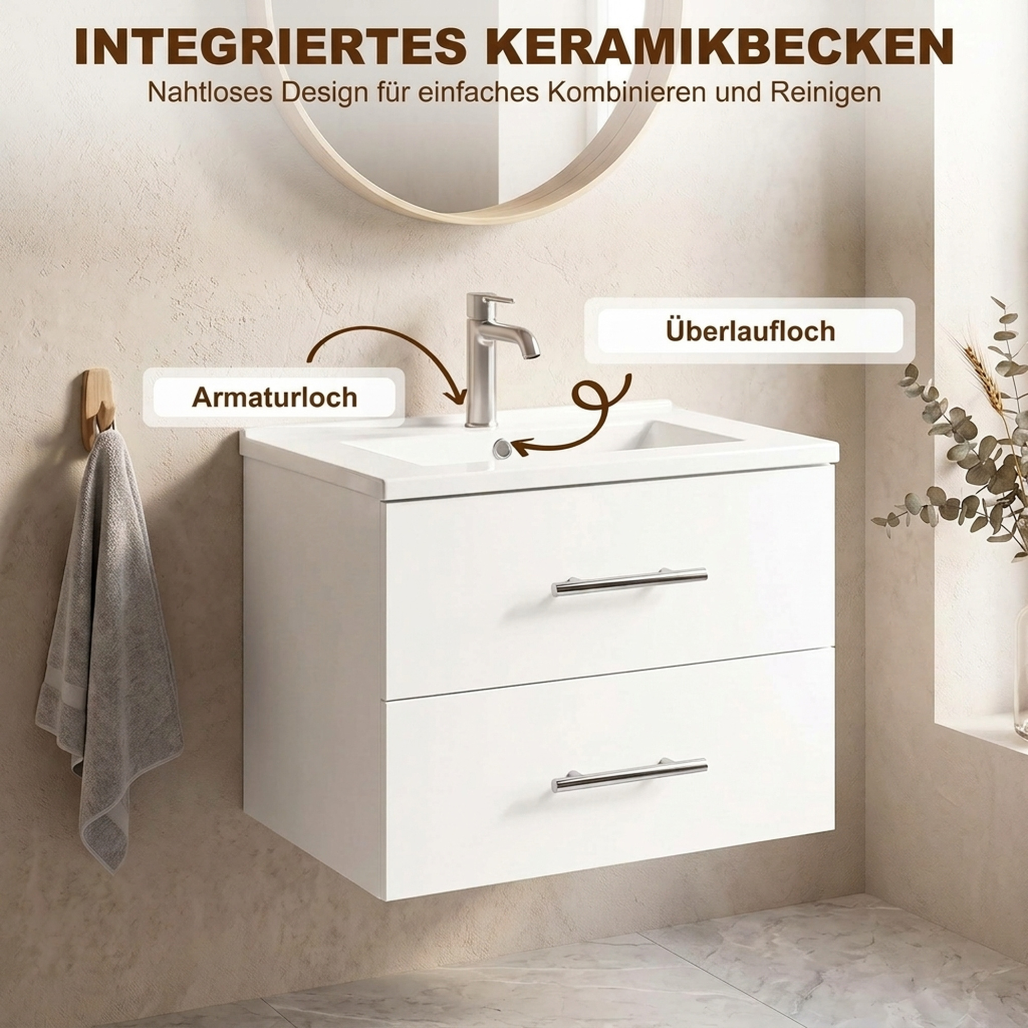 Waschbeckenunterschrank für Wandmontage Badezimmer Unterschrank mit Keramikbecken 60 cm Weiß