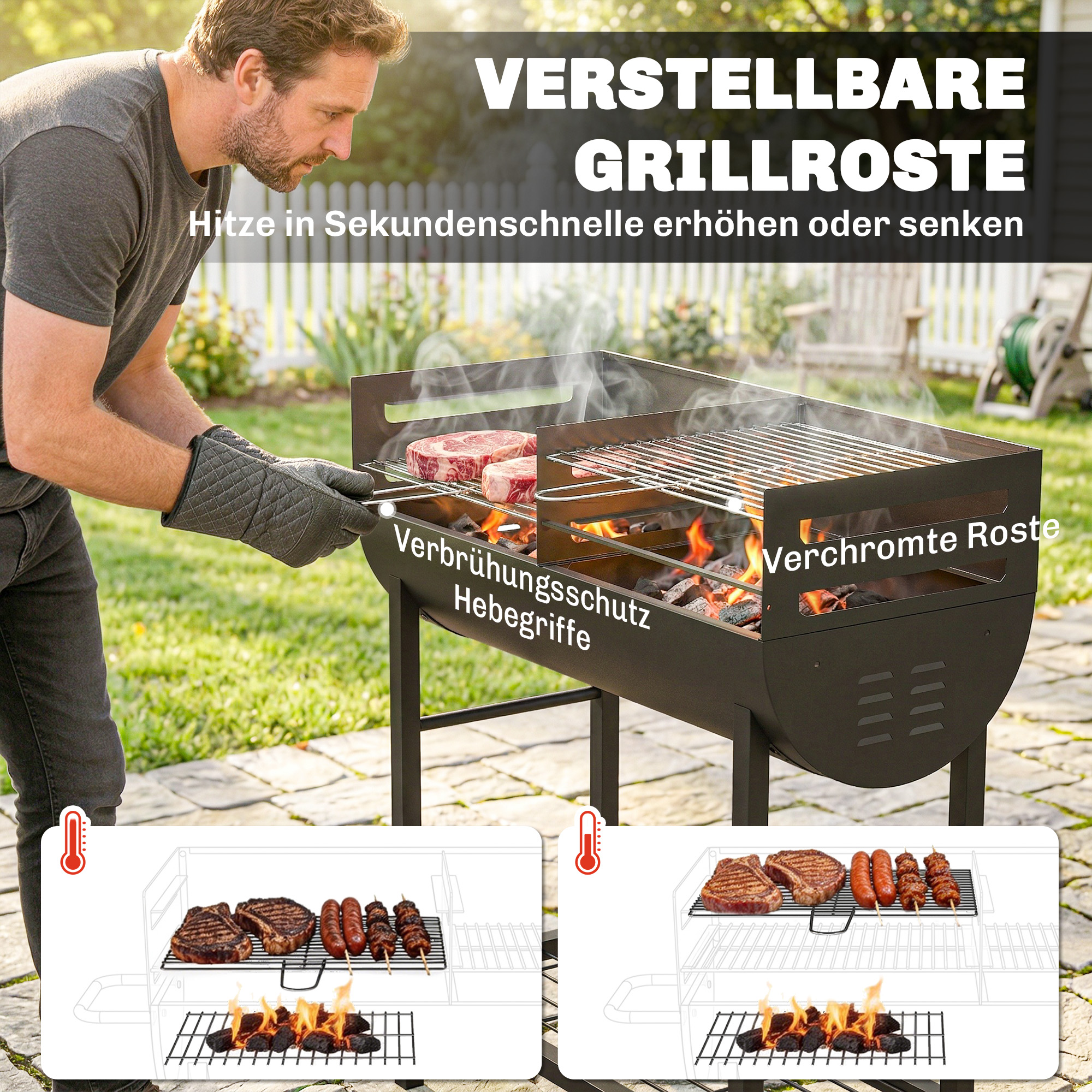 Holzkohlegrill Grillwagen mit 2 Grillzonen höhenverstellbarer Grillrost Holzablage Räder Seitengriff, 103 x 46,5 x 100cm