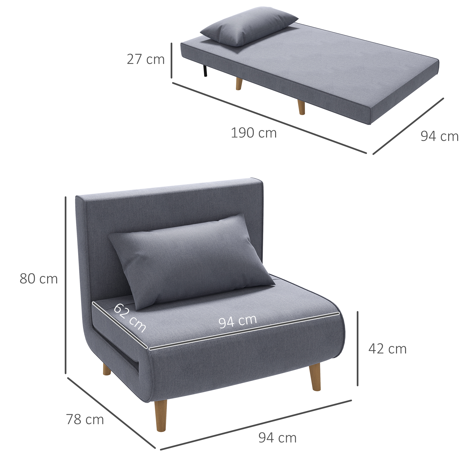Einzelsofa Schlafsofa Sofabett Klappsofa verstellbar Rückenlehne Liege nordisch skandinavisch 25D Schaumstoff Haus Leinenimitat Kautschukholz Grau 94 x 78 x 80 cm