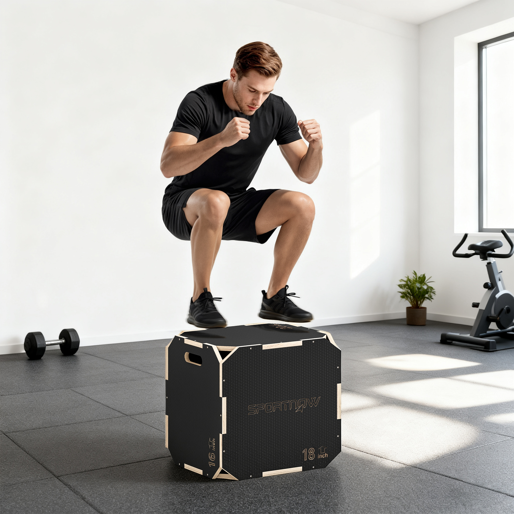 3-in-1 Plyo-Box, Sprungbox mit Griff-Öffnungen, für Home-Fitness und Outdoor-Workouts, 3 Sprunghöhen, Holz, Schwarz