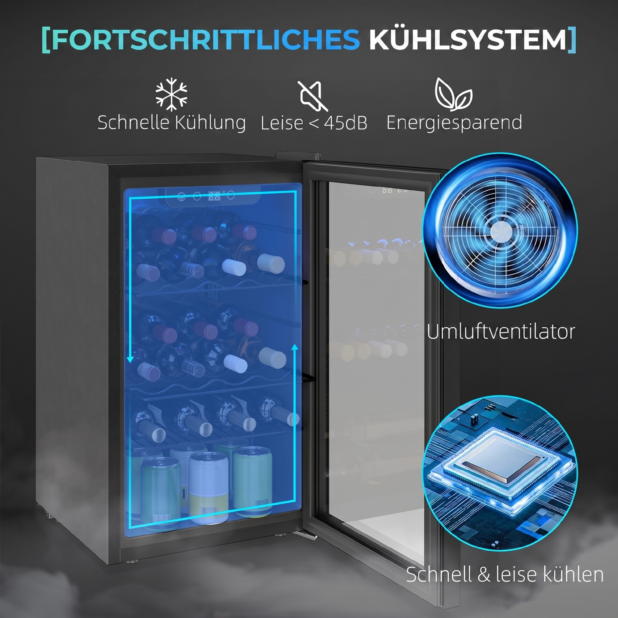 Weinkühlschrank 24 Flaschen, 68 Liter Kapazität, 4–16 °C Standgerät für Getränke, Bier und Wein mit Glas-Tür, Schwarz