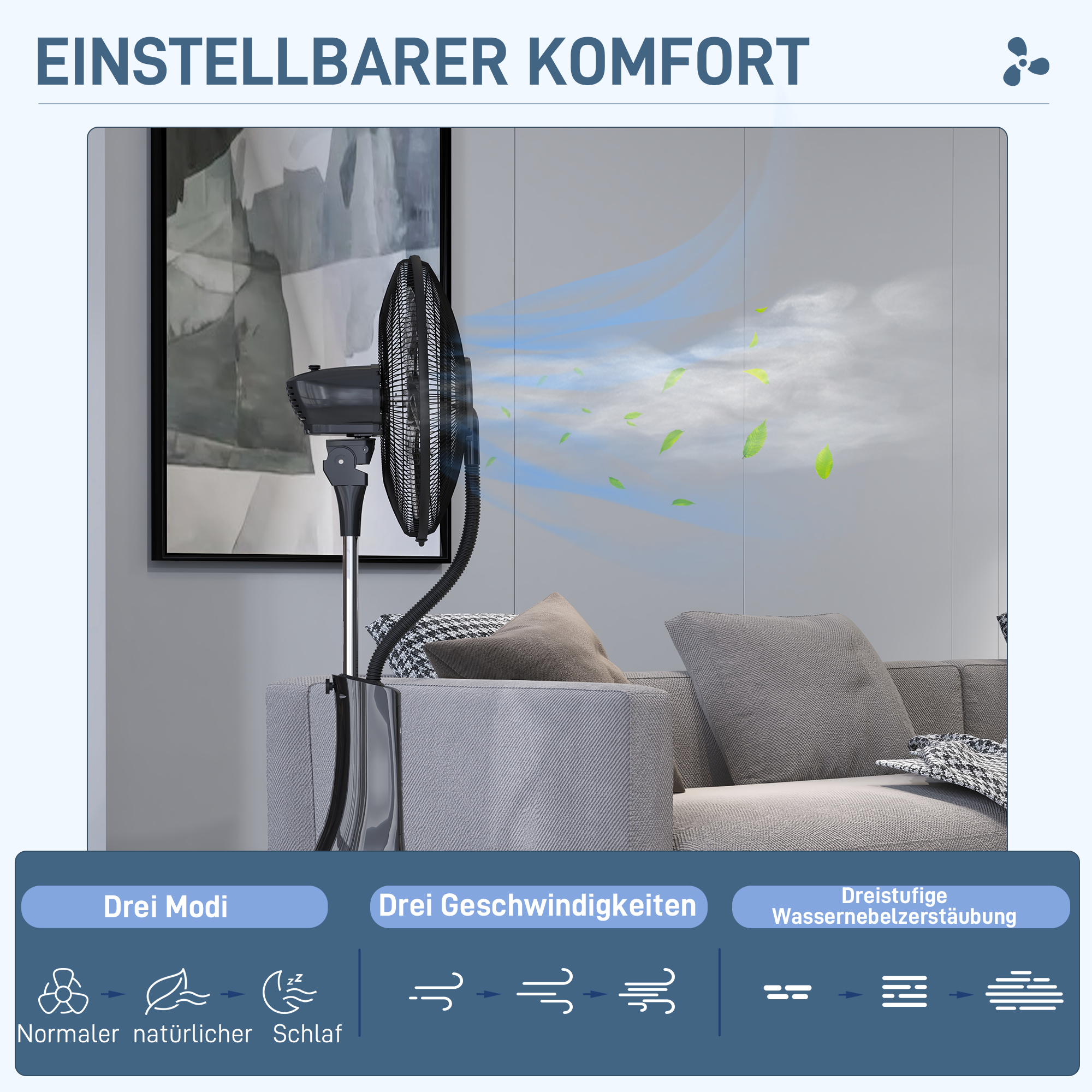 Standventilator mit Luftbefeuchtung, leise, mobil, Fernsteuerung, Schwarz