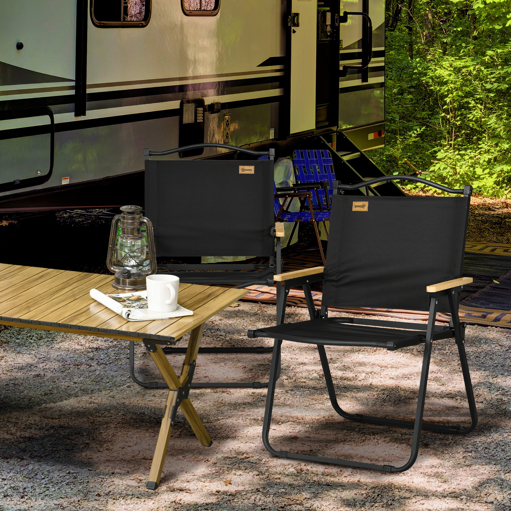 Campingstühle, 2 x Strandstuhl, faltbar, Stahl, Holzoptik, Schwarz