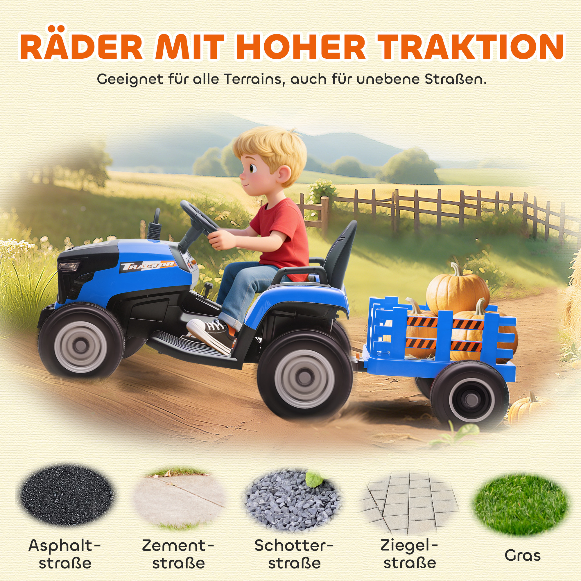 Elektrischer Kindertraktor, Aufsitz-Traktor mit Fernbedienung, Soft-Start, für Kinder im Alter von 3-8 Jahren, Blau