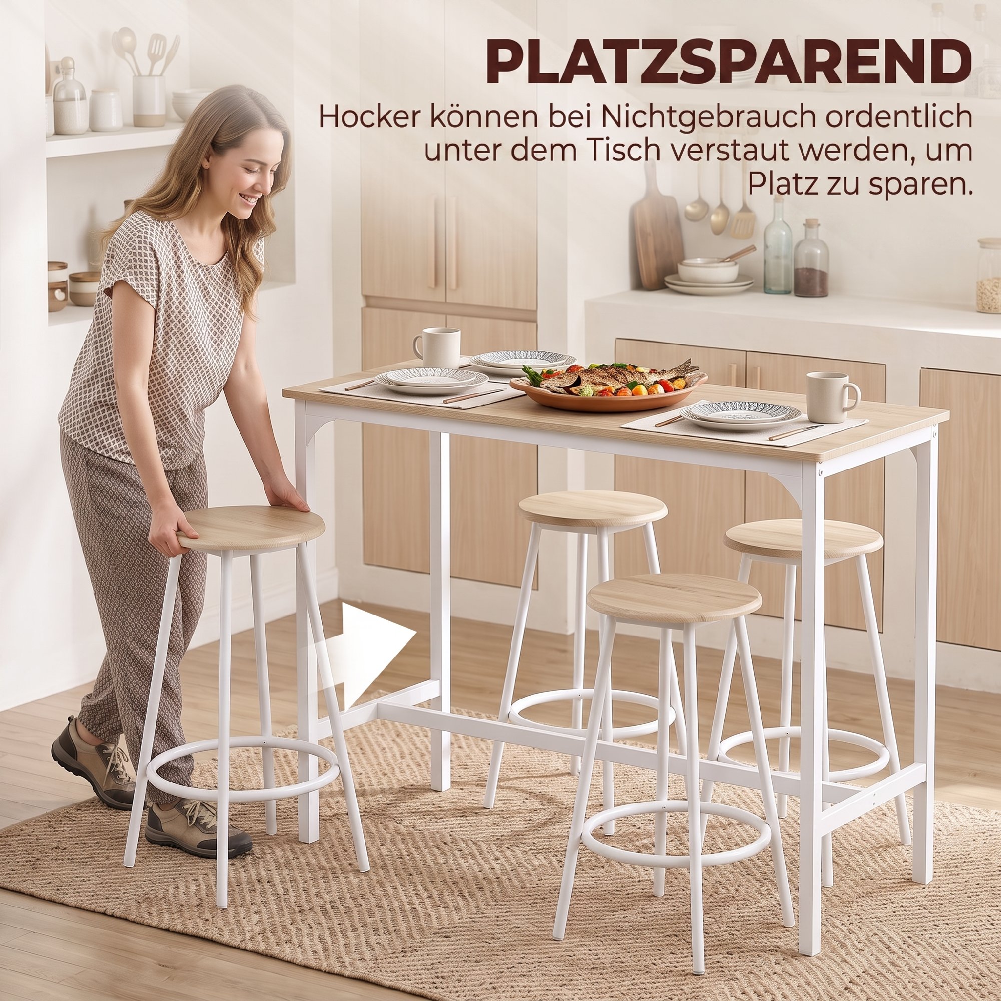 5-teiliges Bartisch-Set für 4 Personen, Industrieller Stehtisch mit Hockern für Küche & Esszimmer, Eiche