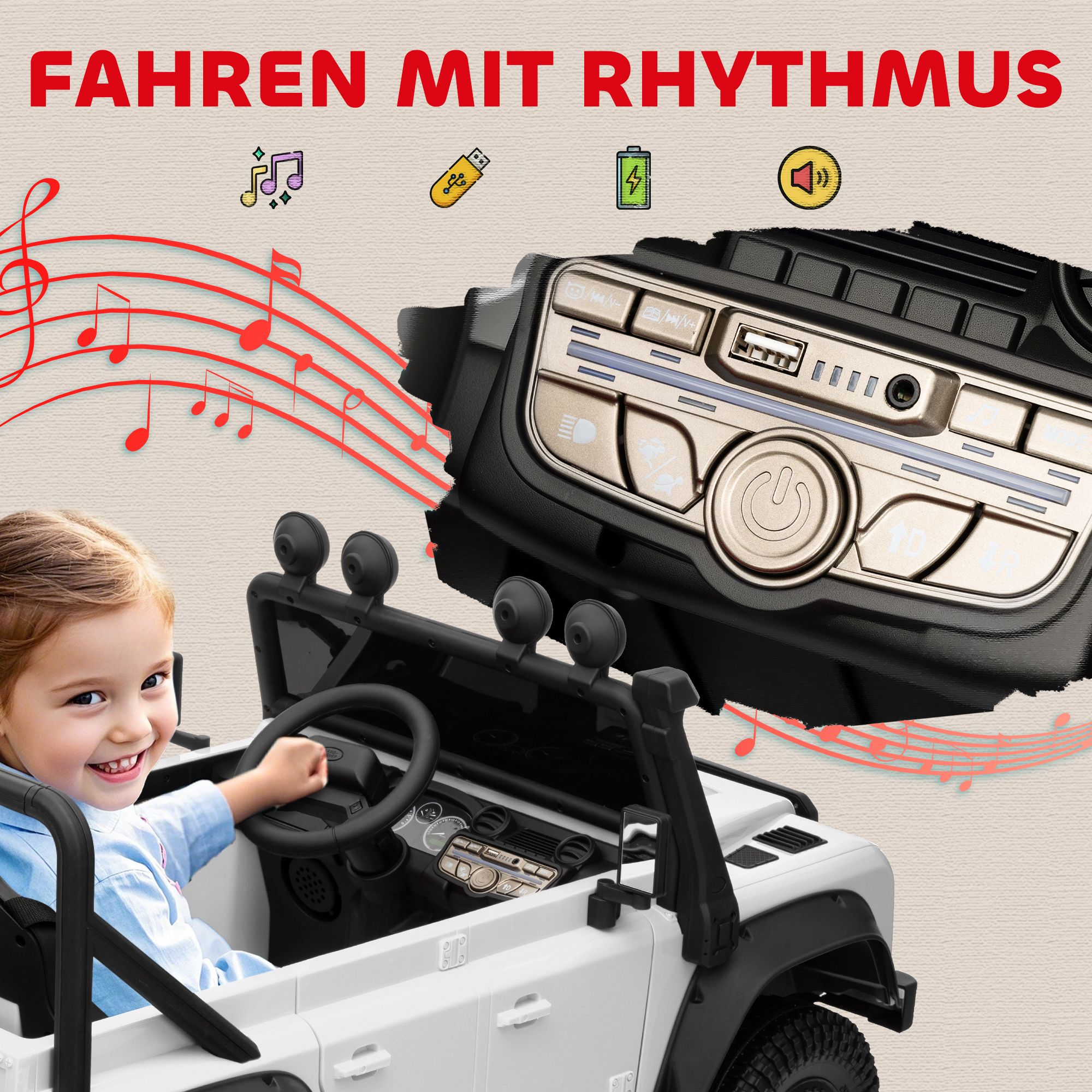 Kinder-Elektroauto, 12V Batterie-Betrieb, Fernbedienung, Musik-Funktion, Hupe, LED-Lichter, Weiß