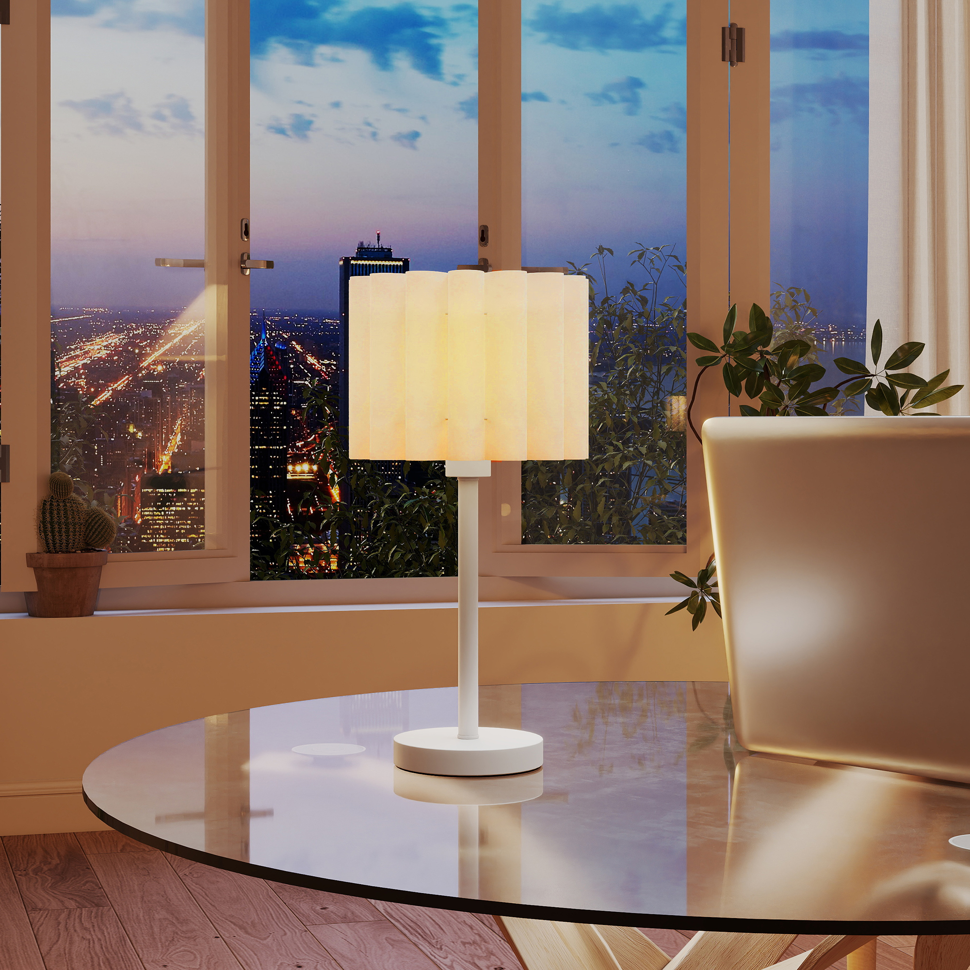 Tischlampe im Retro-Stil, Nachttischlampe, Kunststoff-Schirm, Knopfschalter, Weiß