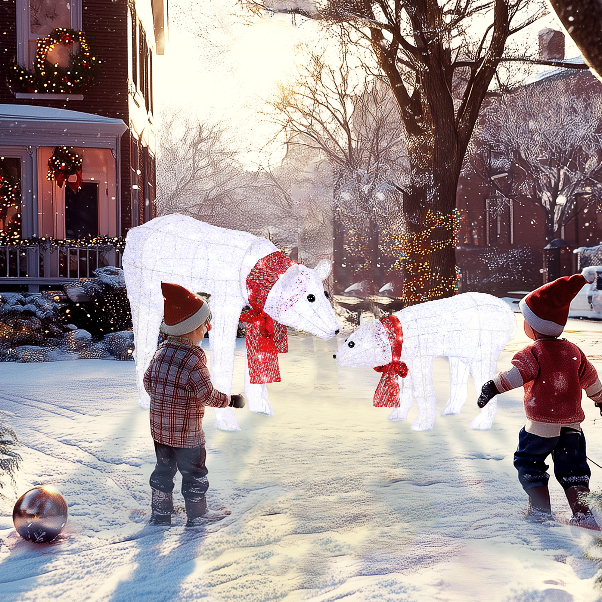 2-teilige Eisbären-Weihnachtsdekoration, 140 weiße LEDs, Wasserfest, Timer, für drinnen und draußen