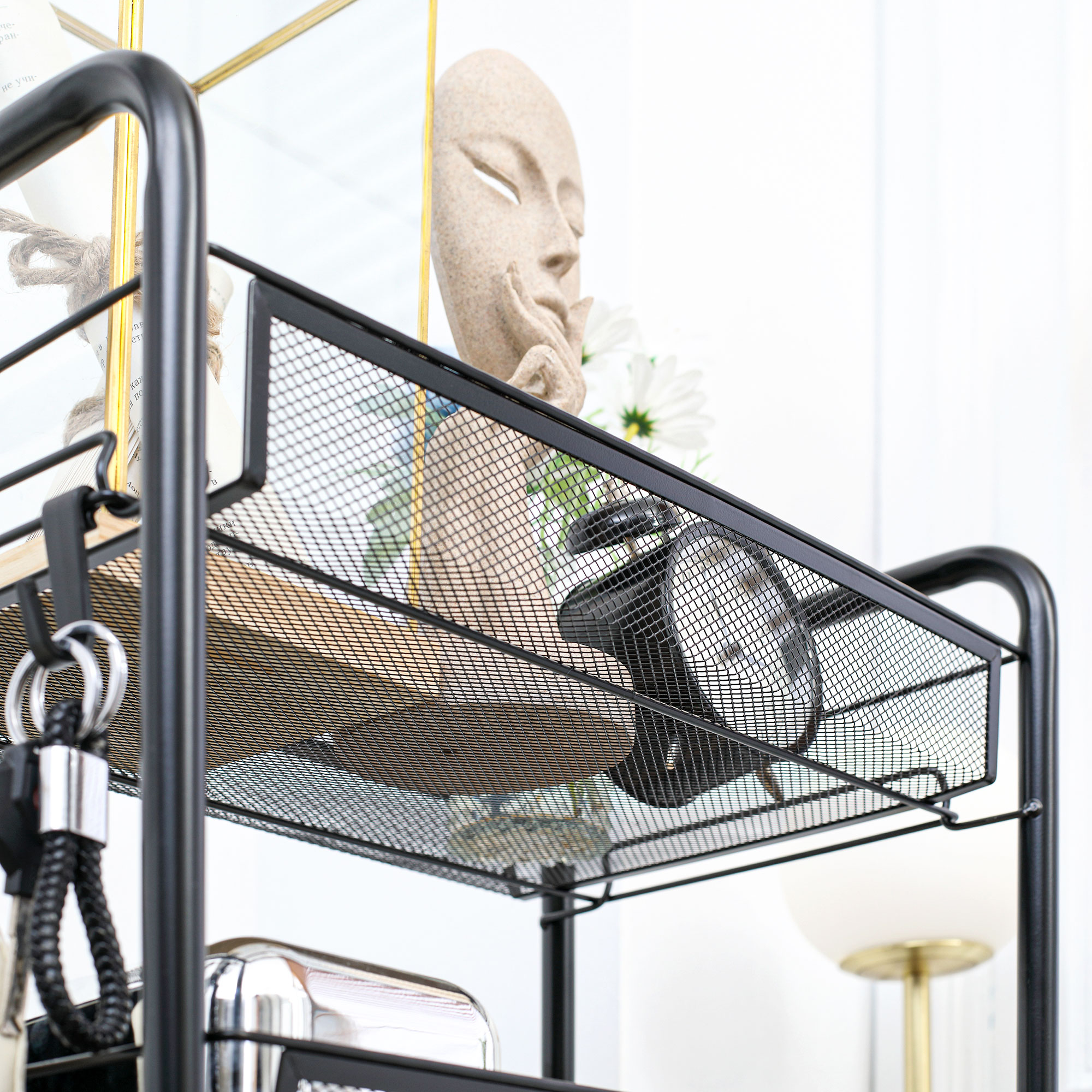 Küchenwagen mit 5 Drahtkörben, 4 Haken, 4 Rollen, 2 Griffe, Stahl/Kunststoff, 45x26,5x106 cm, Weiß