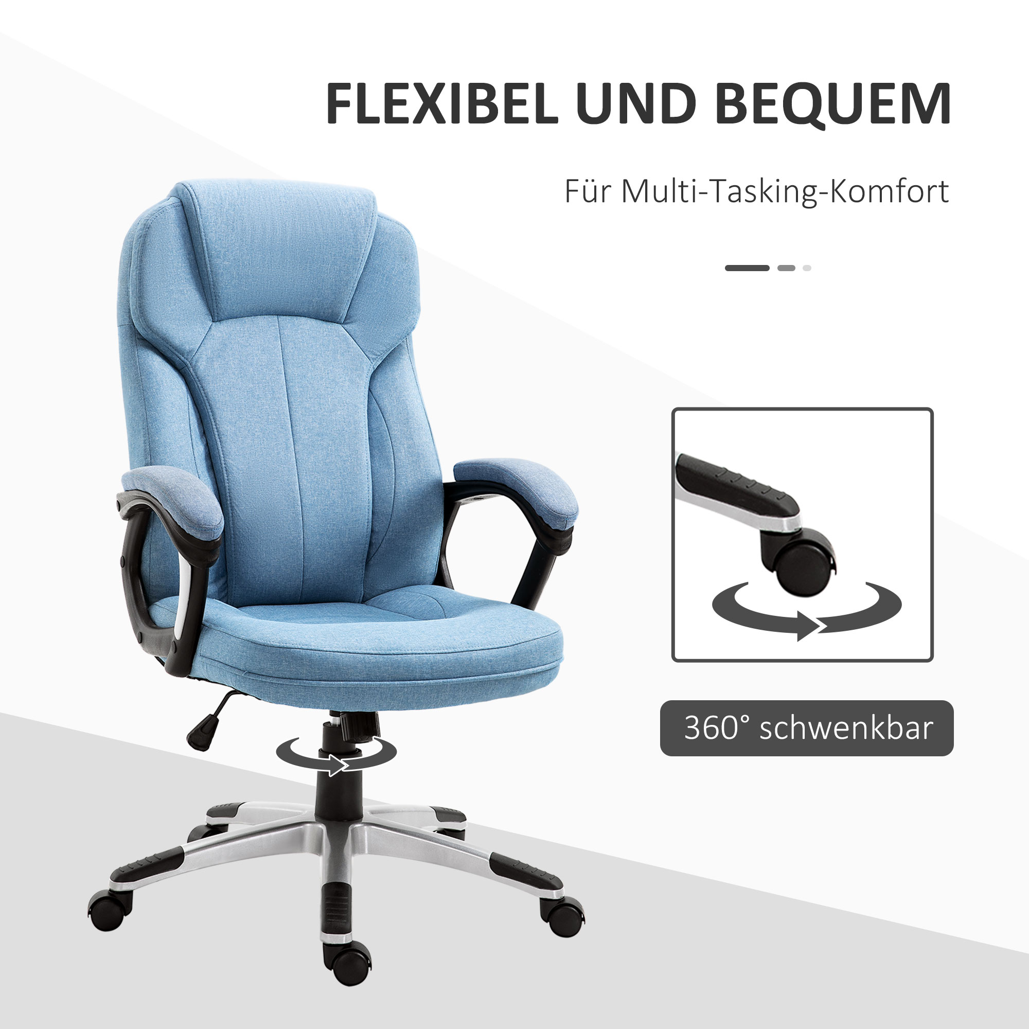 Bürostuhl Computerstuhl Drehstuhl höhenverstellbar Wippfunktion mit Kopfstütze und gepolsterte Armlehnen Ergonomisch Hellblau Leinen 66 x 75 x 110–120 cm