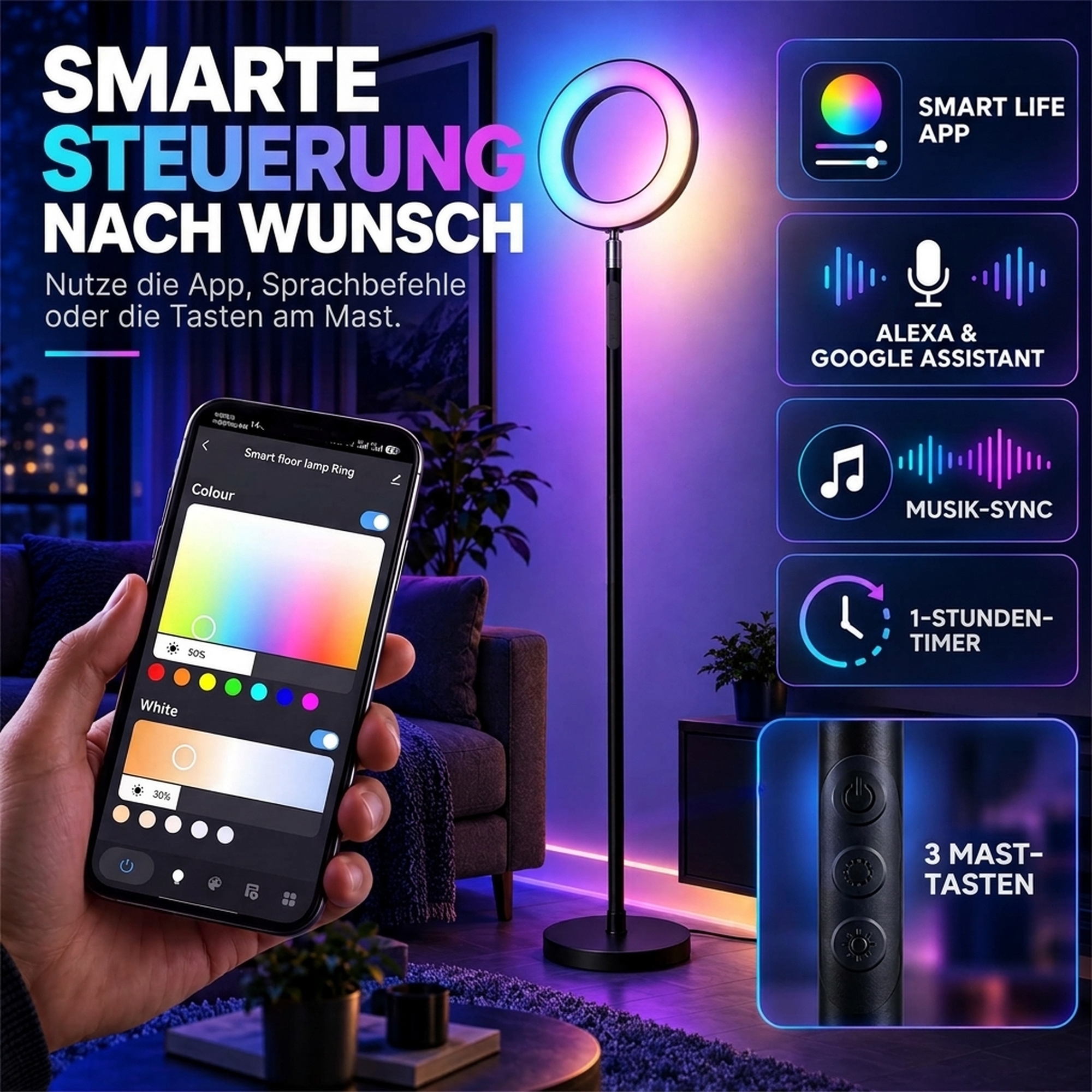 Stehlampe 42W LED dimmbar 3 Farbtemperaturen Deckenfluter verstellbarer Ringkopf Schwarz