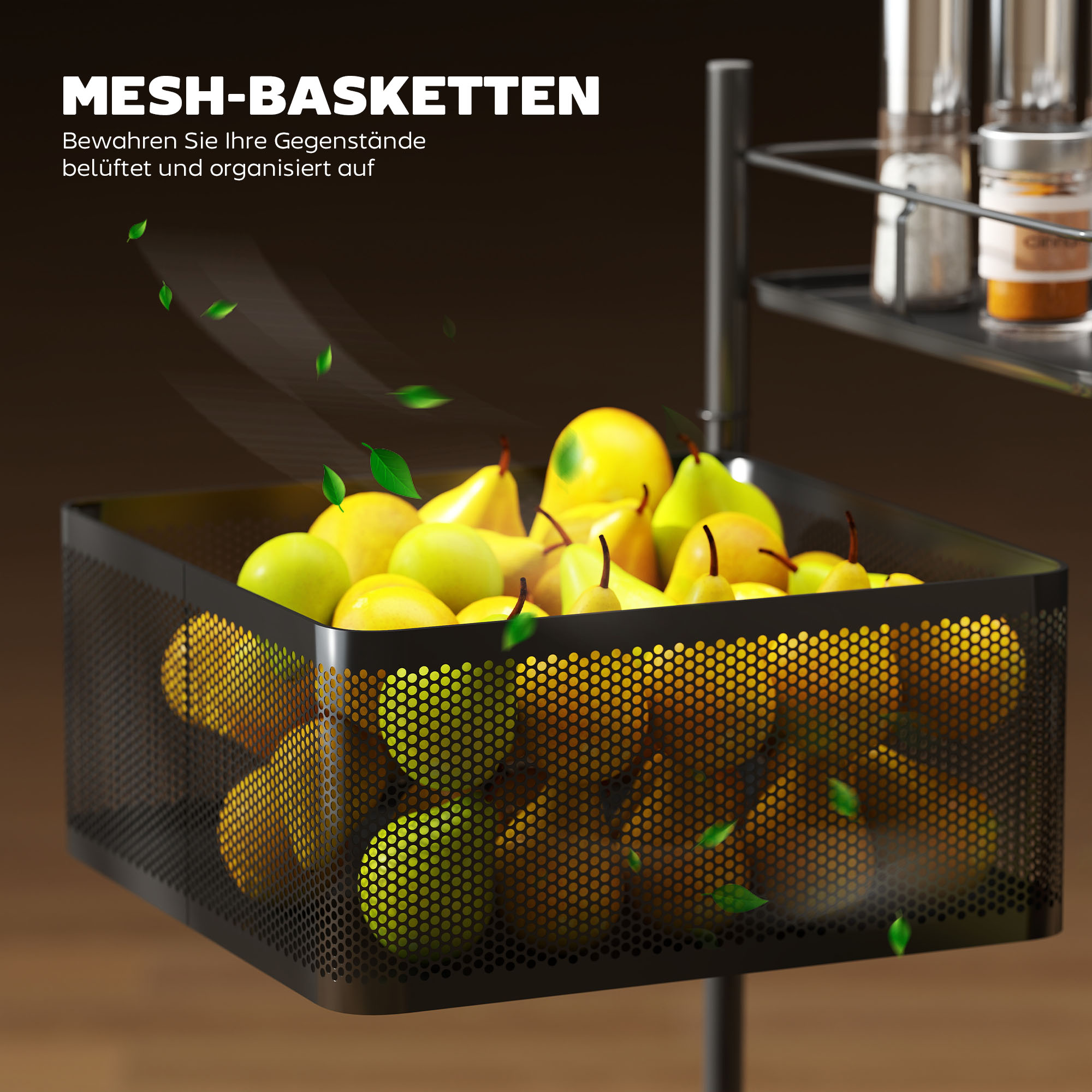 Küchenwagen, 5 drehbare Körbe, 4 Lenkrollen, Metallrahmen, Schwarz