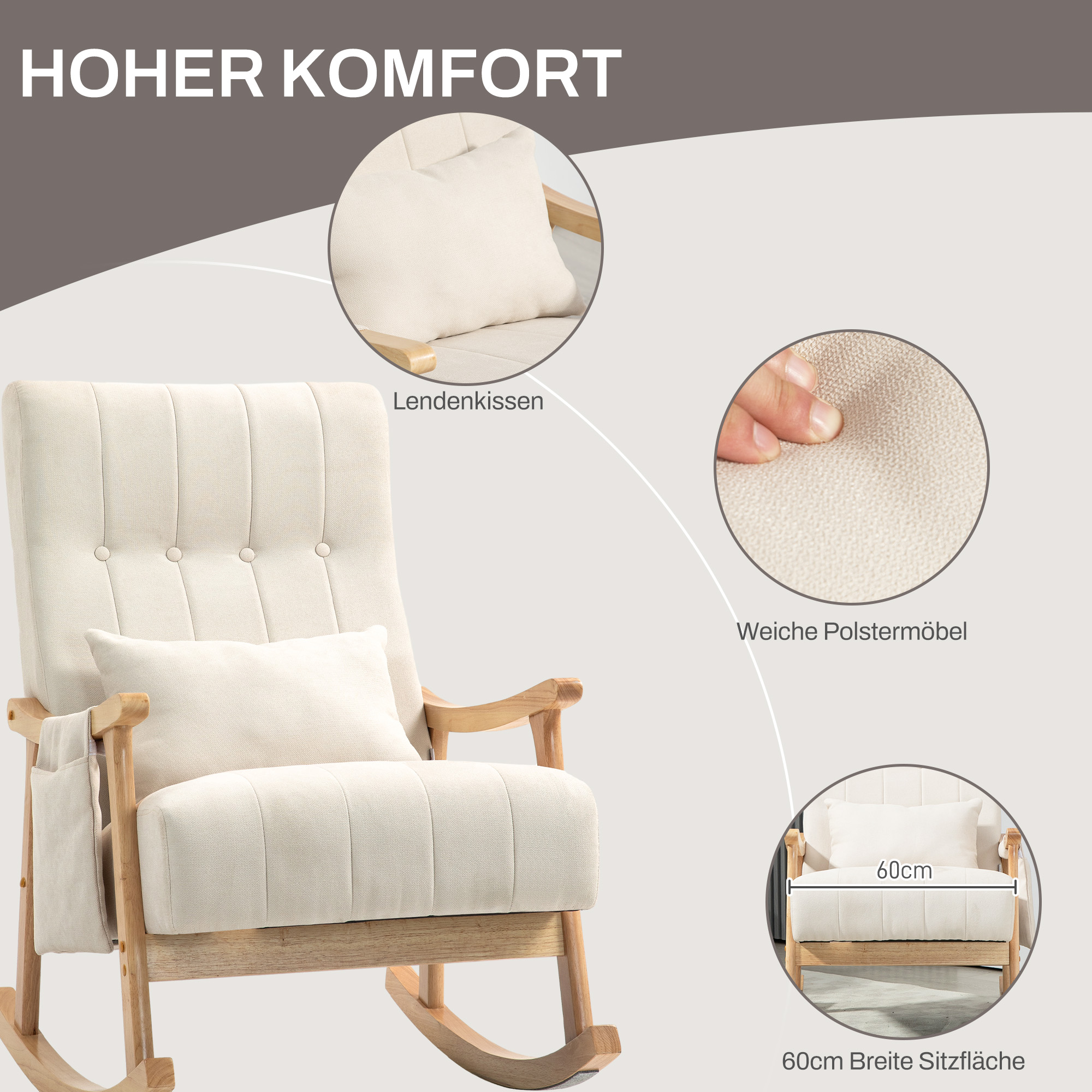 Schaukelstuhl mit Nierenkissen, breiter Sitz, Kautschukholzrahmen, bis 120 kg, Beige