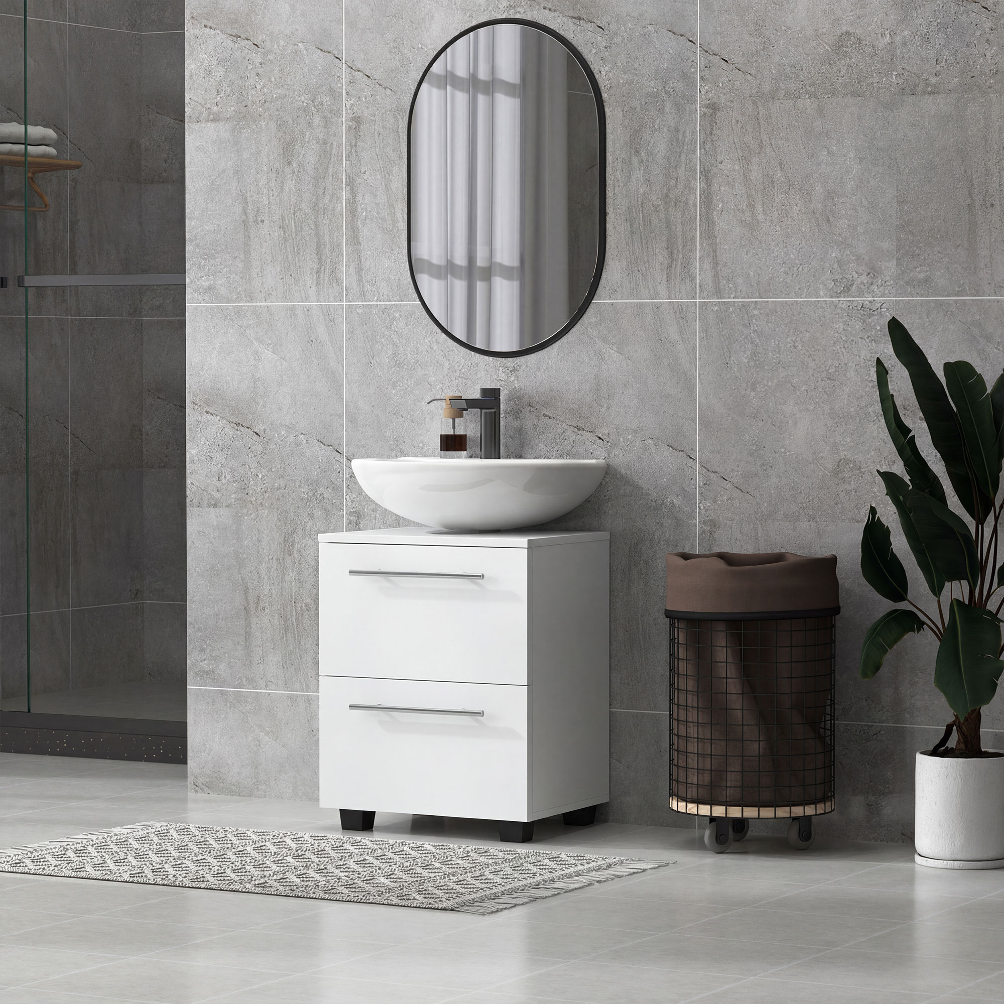 Badezimmerschrank, Waschbecken-Kommode mit Schublade, kompakt, Spanplatte, Weiß