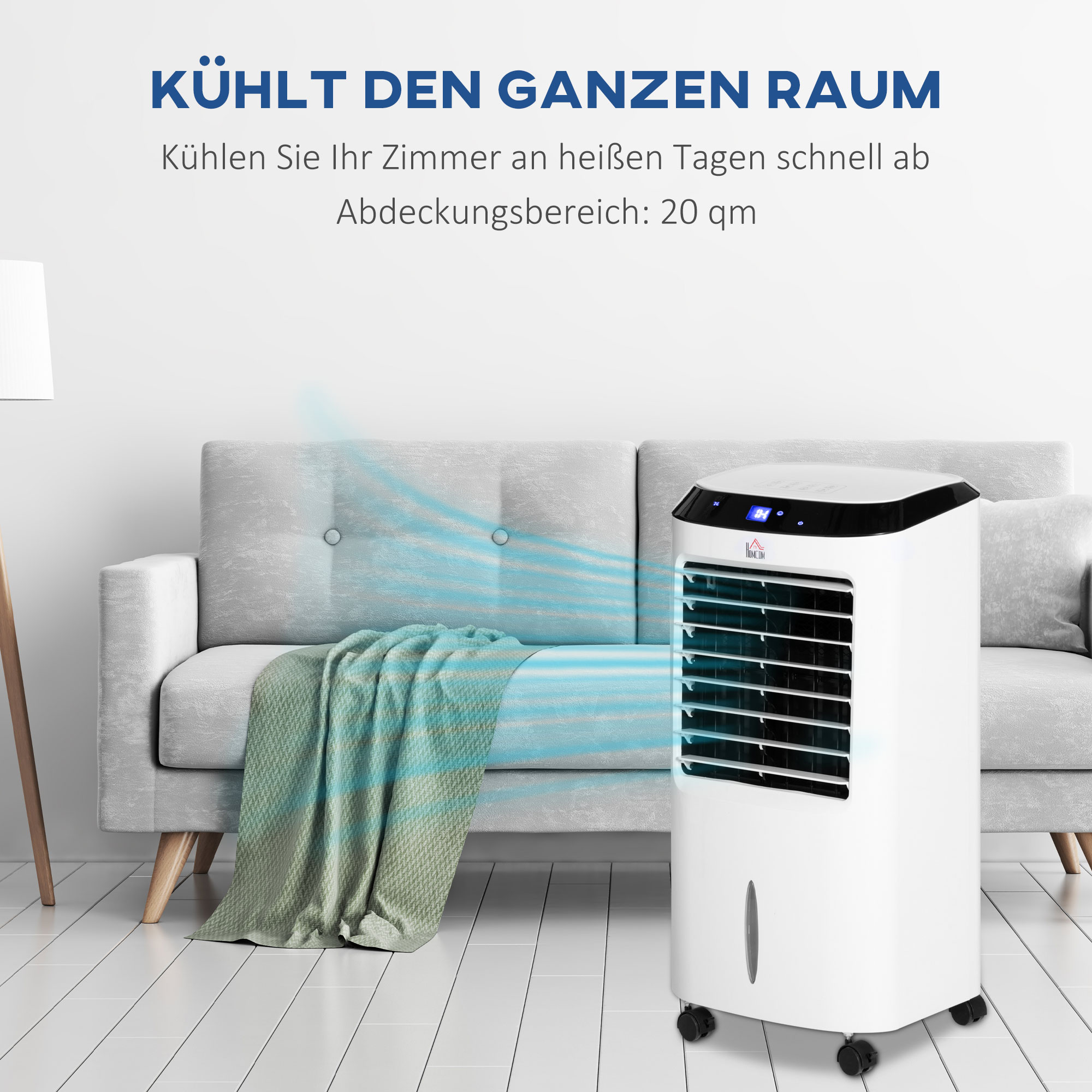 10L 4 in 1 Mobile Klimaanlage mit Luftbefeuchtung Wasserkühlung Klimagerät Luftkühler 8h Timer Fernbedienung Nutzungsraum 20? 60W ABS Weiß+Schwarz 38,2 x 31,6 x 76 cm