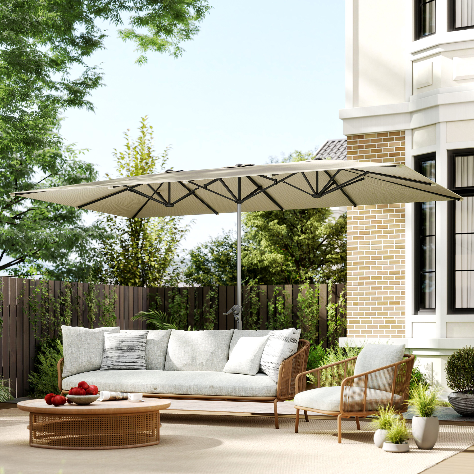 Doppelseitiger Schirm, 451 x 264 cm Sonnenschirm mit Kurbelsystem, 12 Metallstreben, Aluminiummast, Cremeweiß