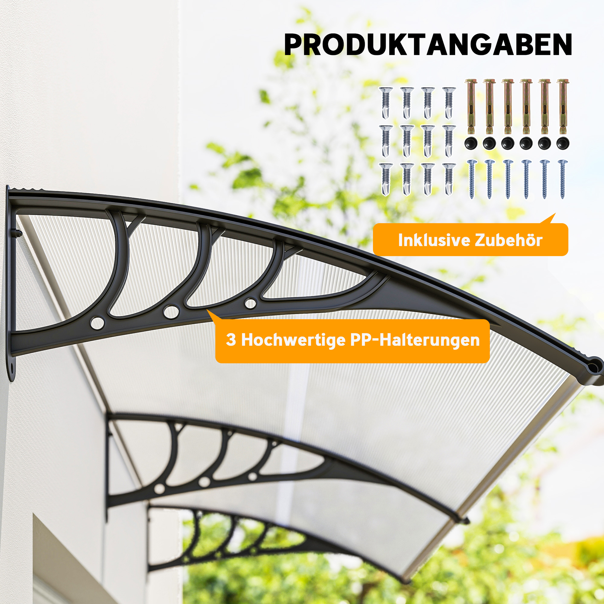 Pultvordach Vordach für Haustür 75x195x23 cm Überdachung 5mm Polycarbonat Sonnenschutz Regenschutz für draußen Alu Transparent