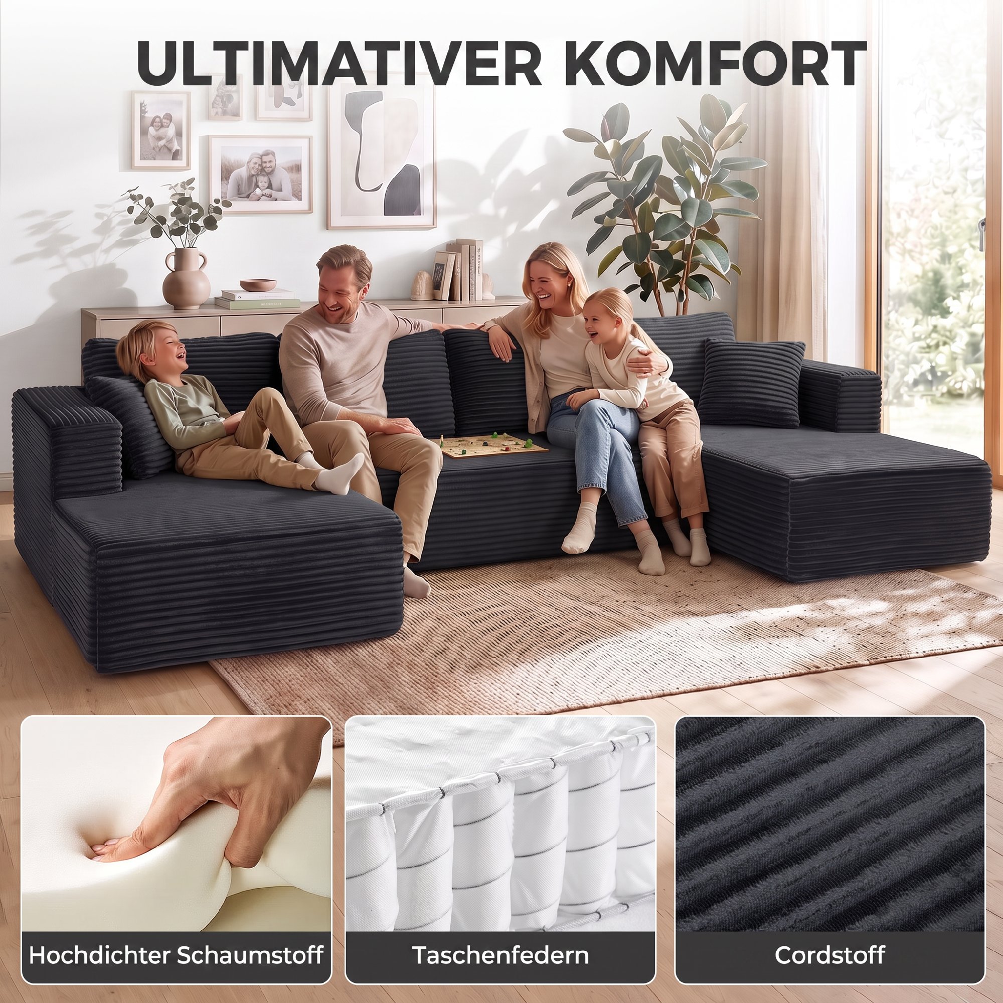 Modulares U-Sofa mit 2 Chaiselongues, Cord-Schlafsofa mit hochdichtem Schaumstoff und Federpolsterung, Dunkelgrau