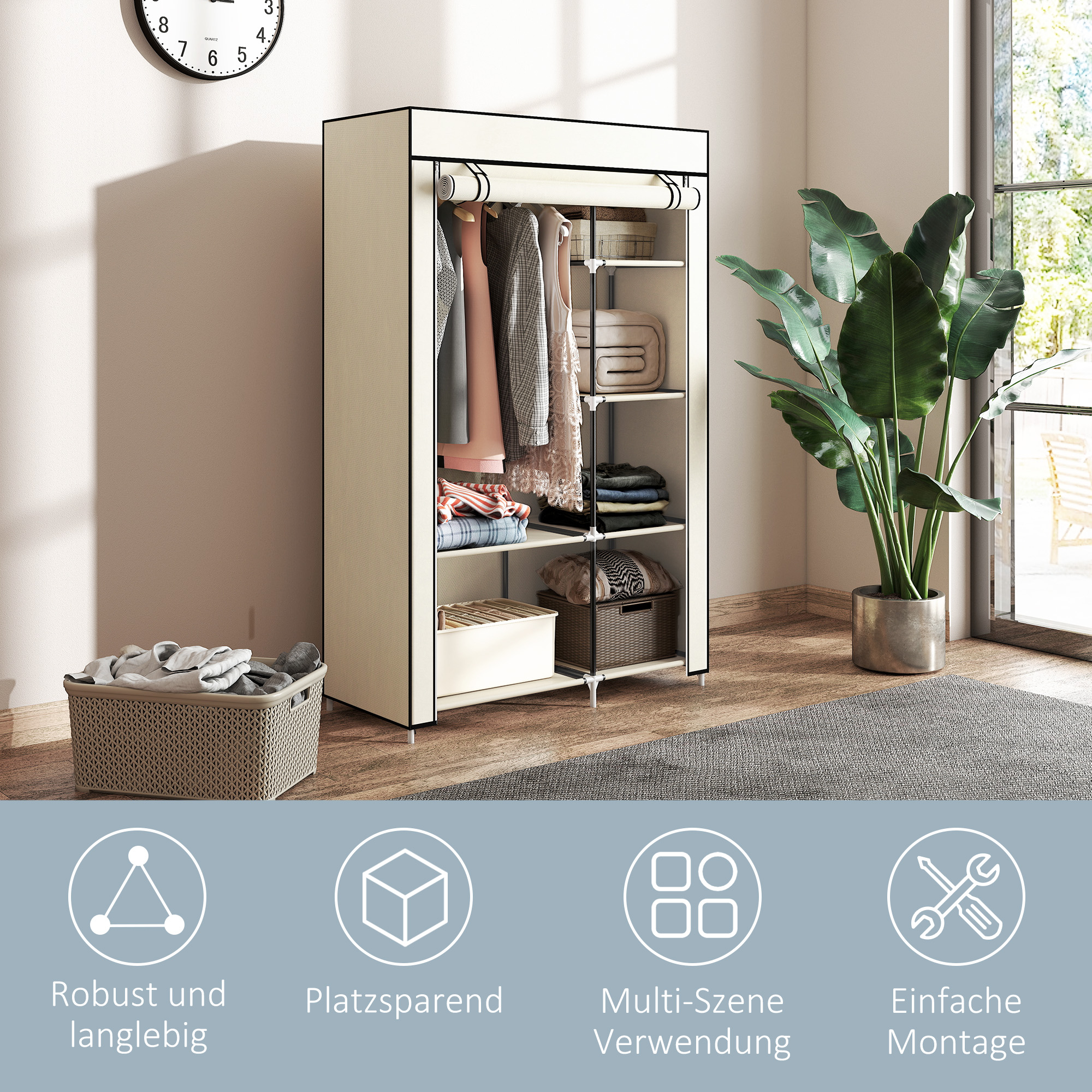 Schrank aus Stoff, Aufbewahrungslösung, 6 Regale, 1 Kleiderstange, Beige