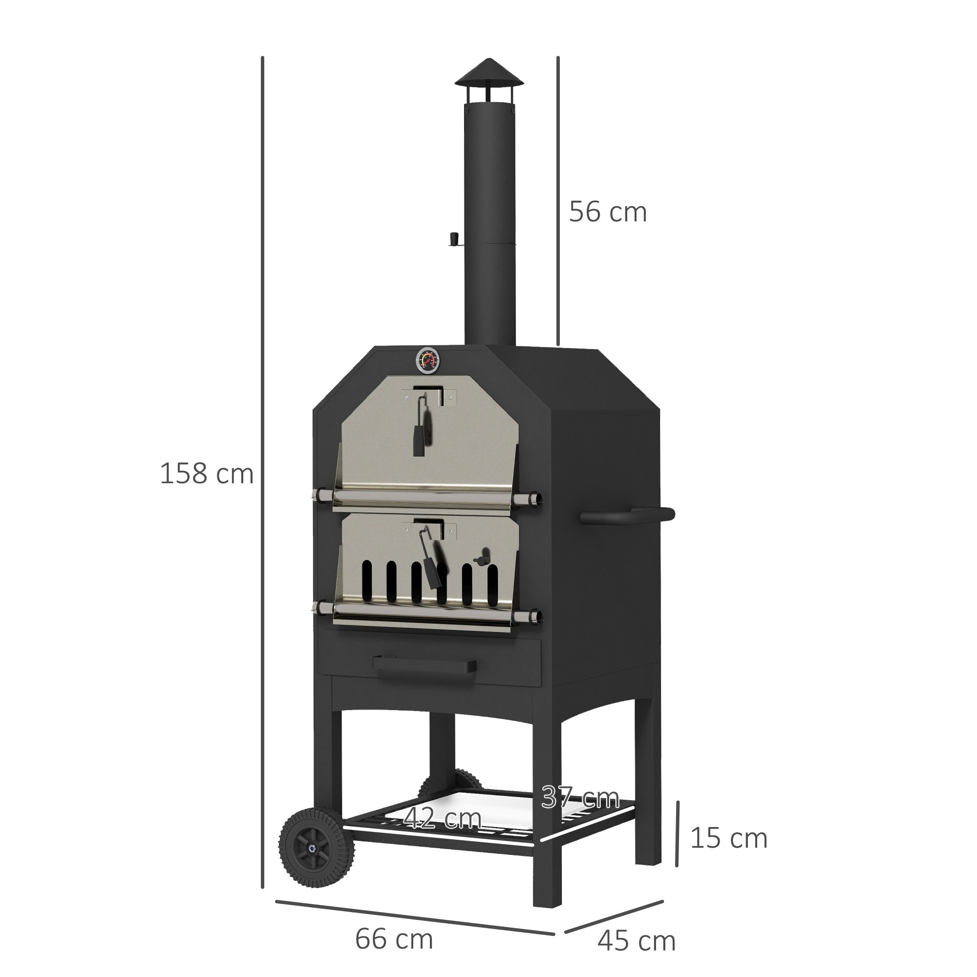 2-in-1 Outdoor Pizzaofen, mit Pizzastein, Aschefach, 2x Grillrost, Thermometer, rostfrei, Schwarz