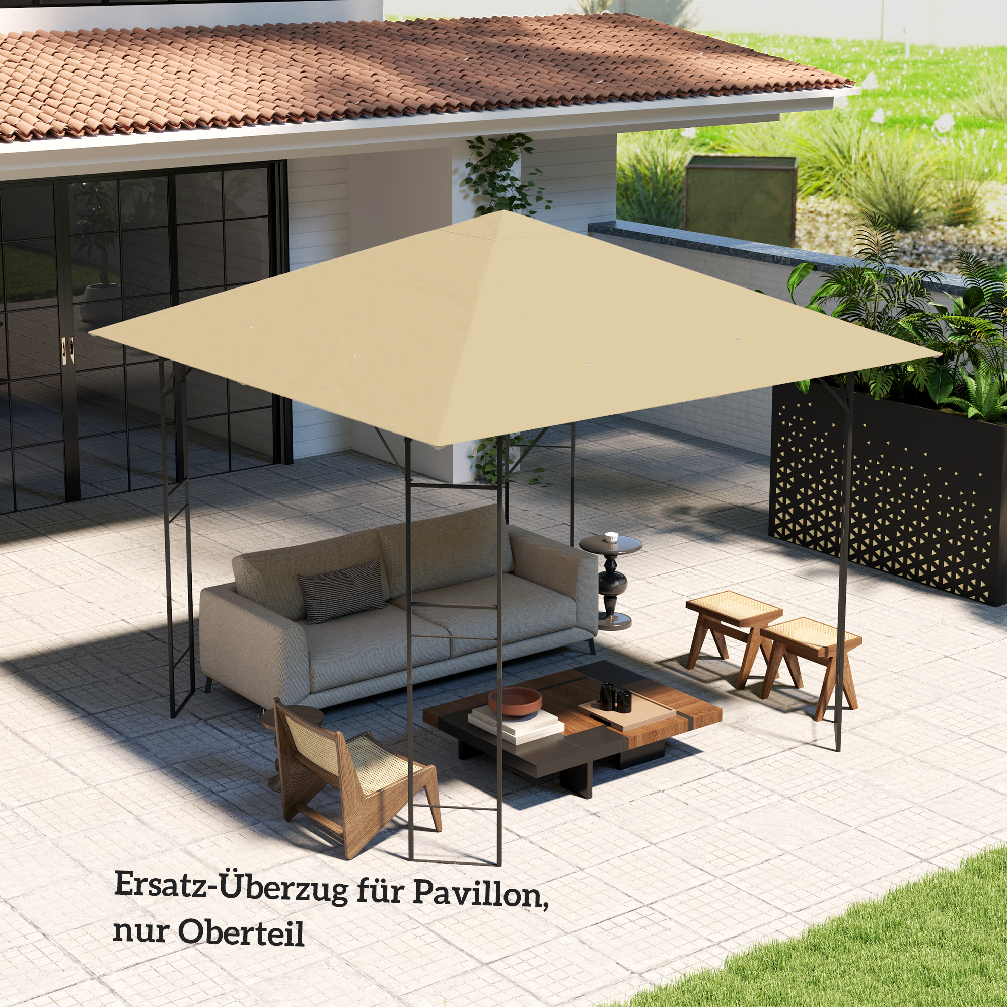 Ersatzdach für Pavillon 3 x 3 m wasserabweisend Pavillondach UPF30+ Ersatzbezug Oxford-Stoff, 370 g/m², Beige