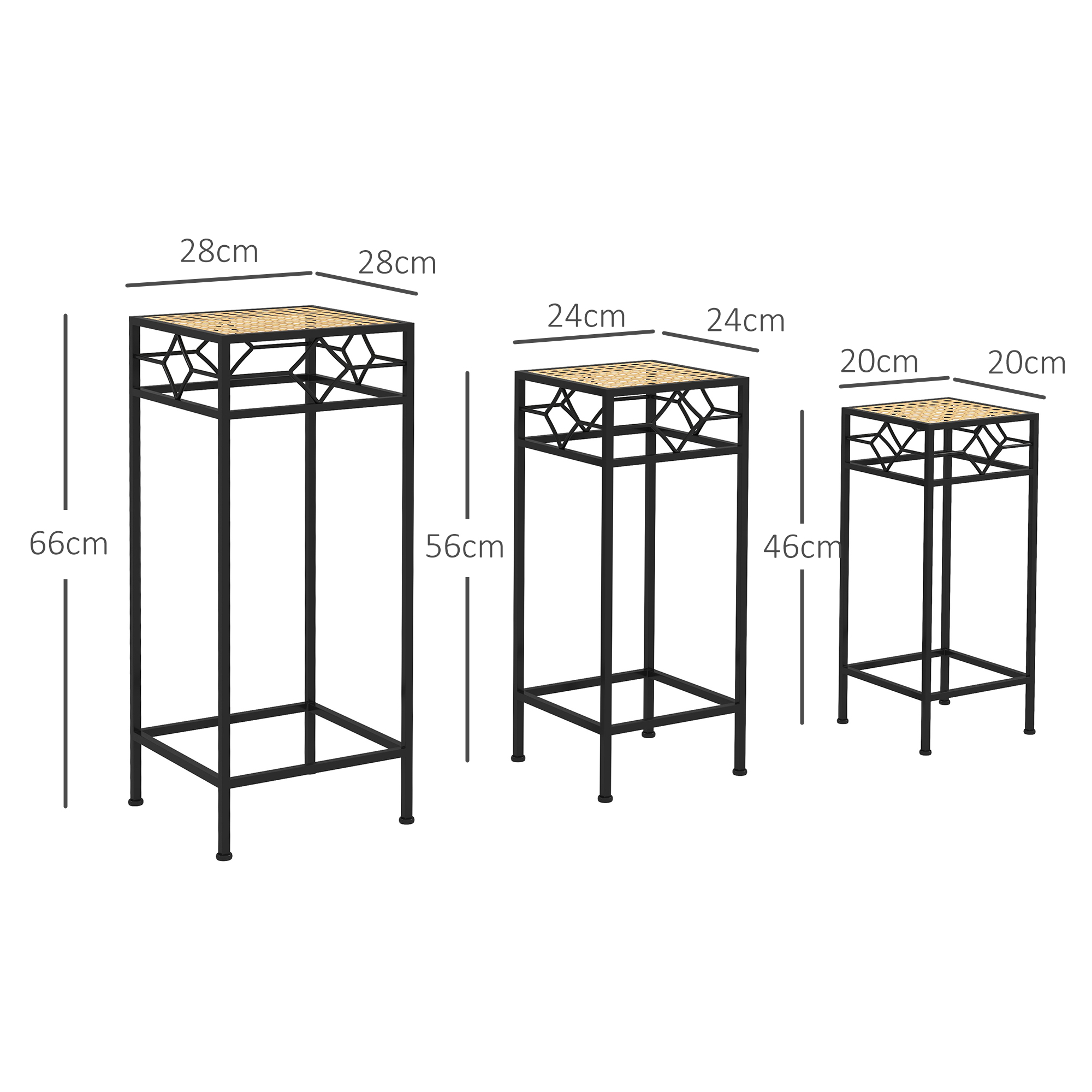 Blumenständer, 3er-Set, rund, stapelbar, Rattanoptik, Metallbeine, In- und Outdoor, Schwarz/Gold