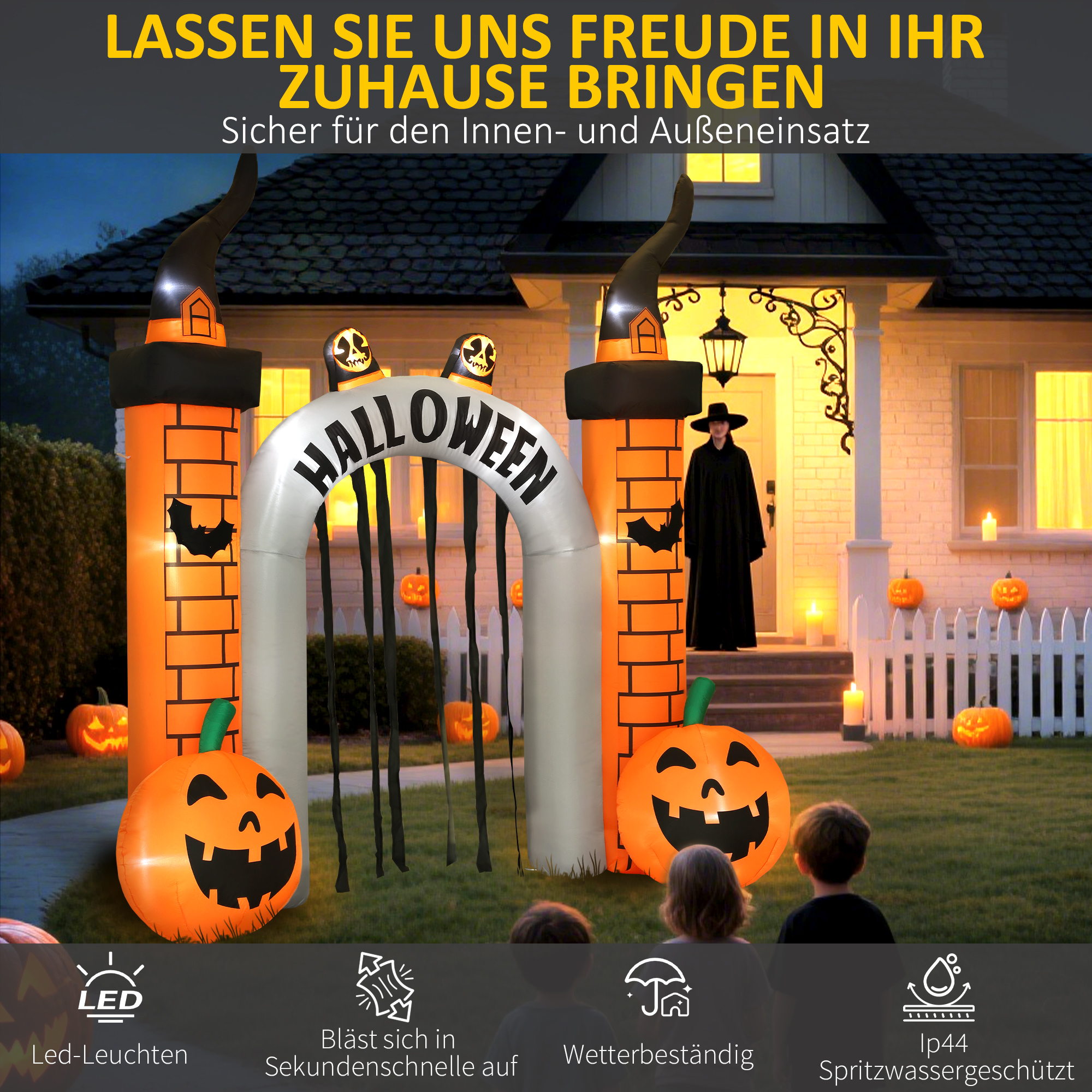 Aufblasbarer Halloween-Torbogen, Kürbis-Design, LEDs, Heringe, Polyester Aufblasbarer Halloween-Torbogen, Kürbis-Design, LEDs, Heringe, Polyester