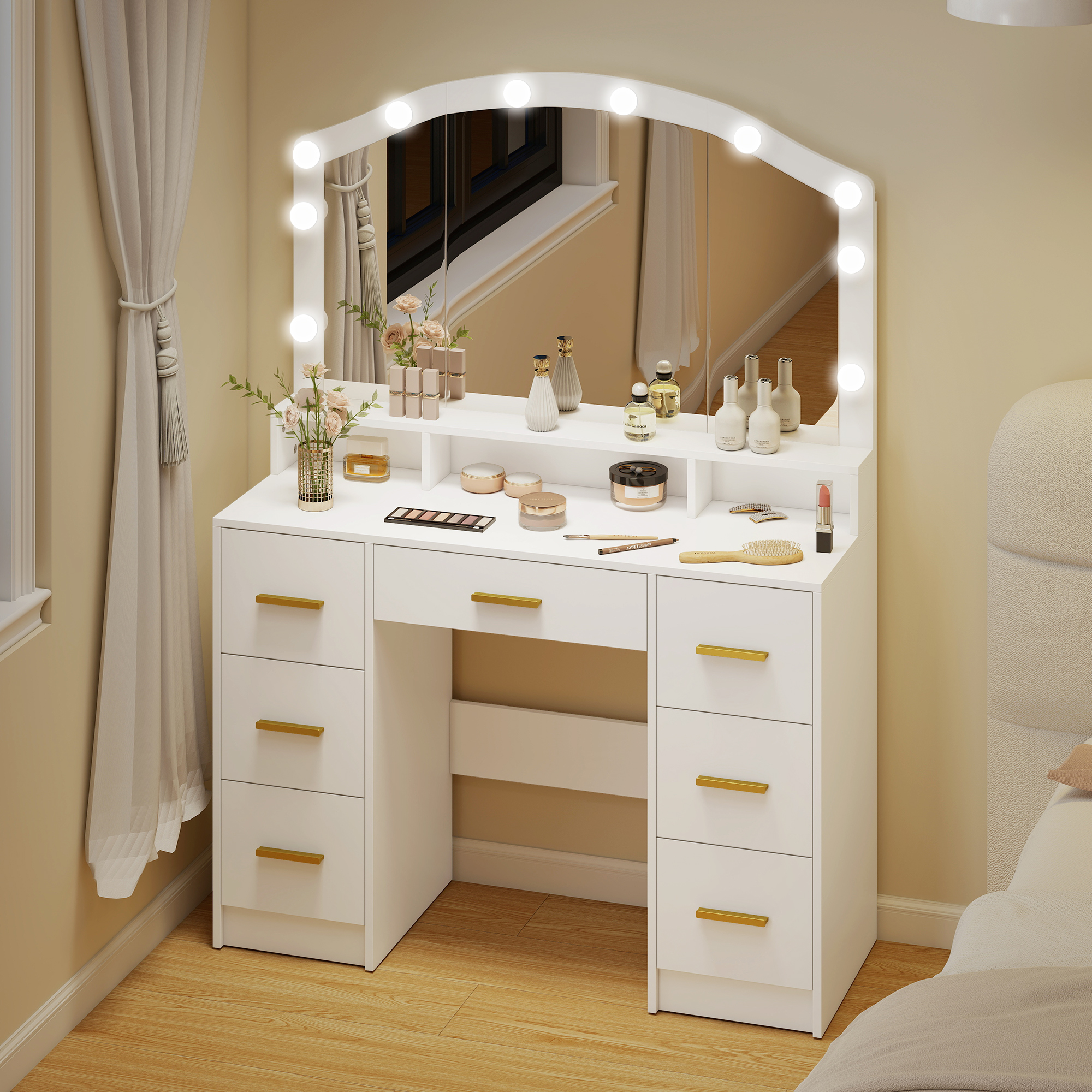 Schminktisch mit 10 LED-Hollywood-Lampen, Spiegel, 7 Schubladen, 3 Fächer, MDF, Weiß