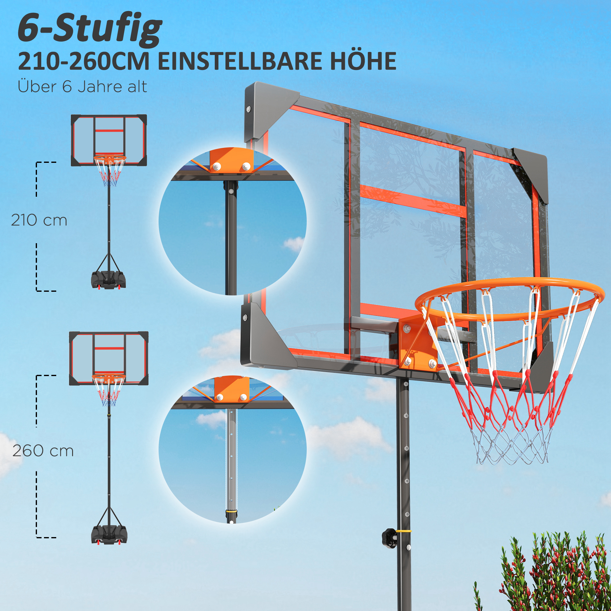 Kinder-Basketballkorb, Outdoor-Basketballkorb für Kinder, 210-260 cm höhenverstellbar, mit Rädern, ab 6 Jahren, Rot