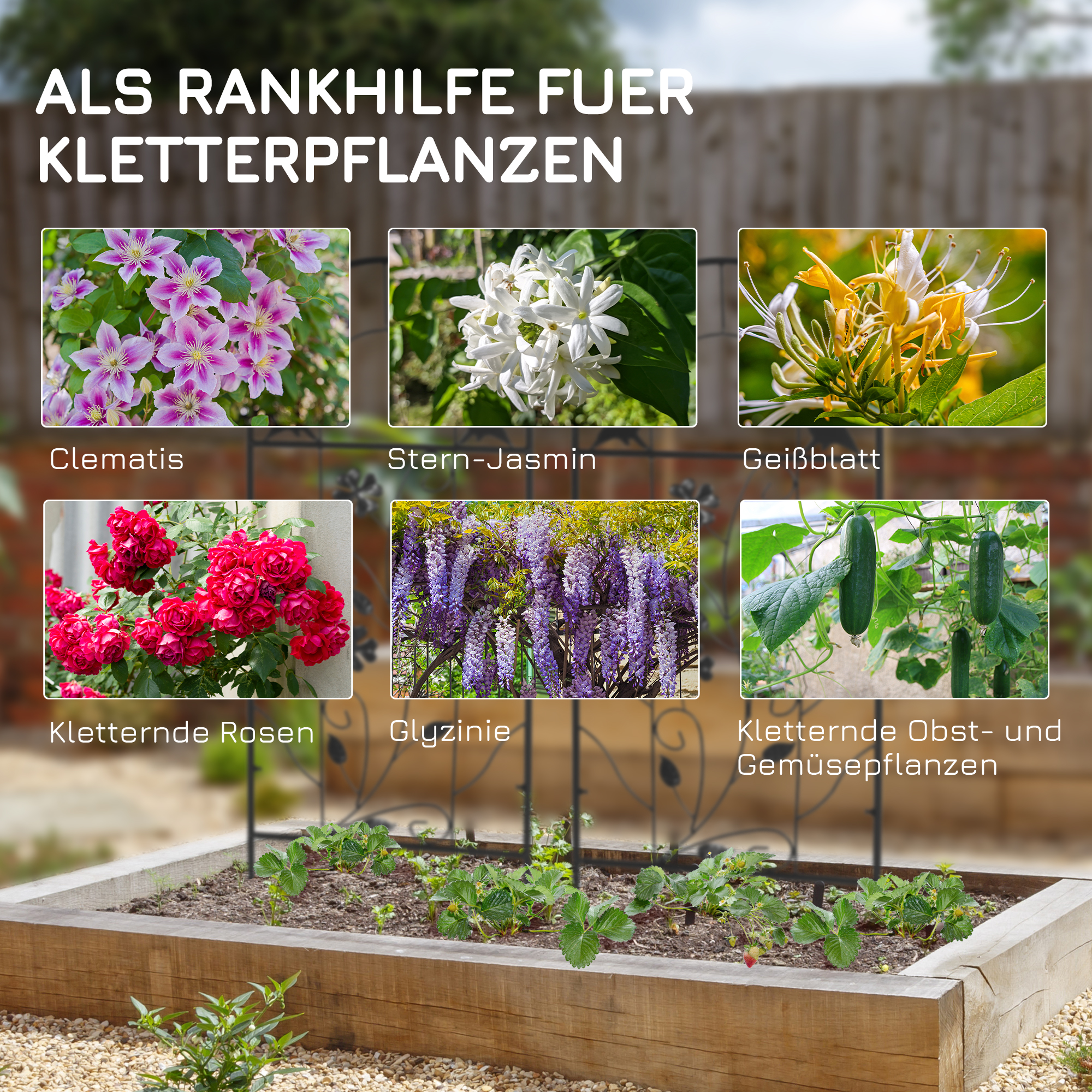 2er-Set Metallspalier, mit Vogel- und Kleeverzierung, für Garten & Terrasse, schwarz, 38 x 98 cm