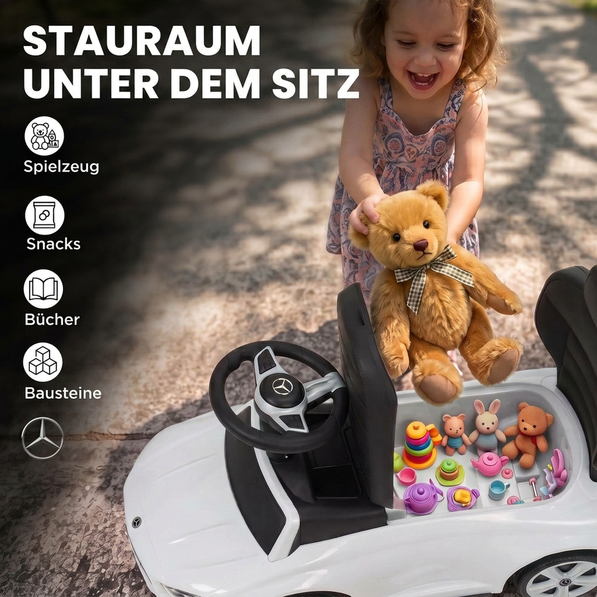 3-in-1 Rutschauto mit Schiebstange Mercedes-Benz Rutschfahrzeug mit Lenkrad Hupe Musik Dach Sitzstauraum Weiß