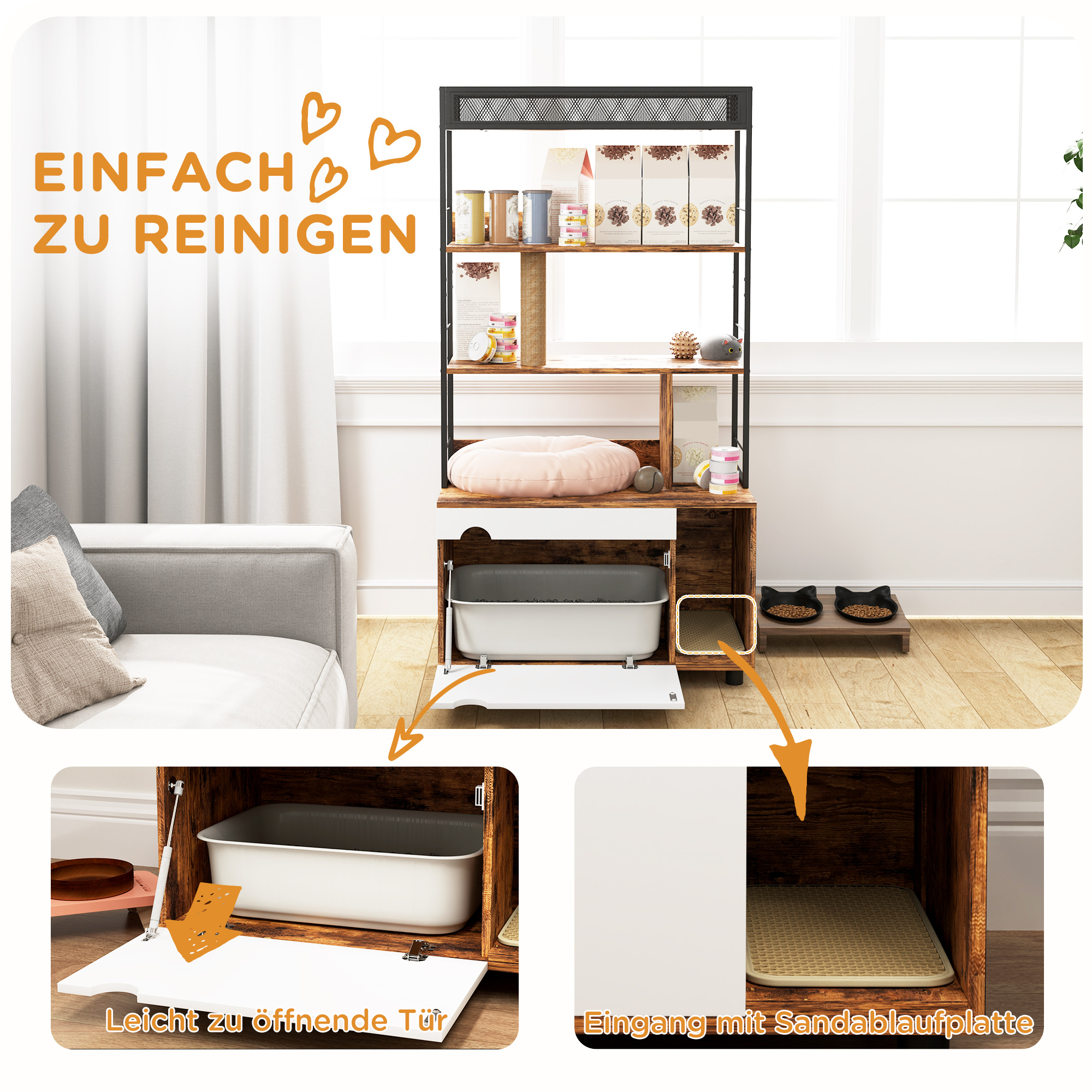 Katzentoilette mit 3-Ebenen-Regal und Kratzpfosten, geschlossenes Katzenklo, 80 x 48 x 152 cm, Braun