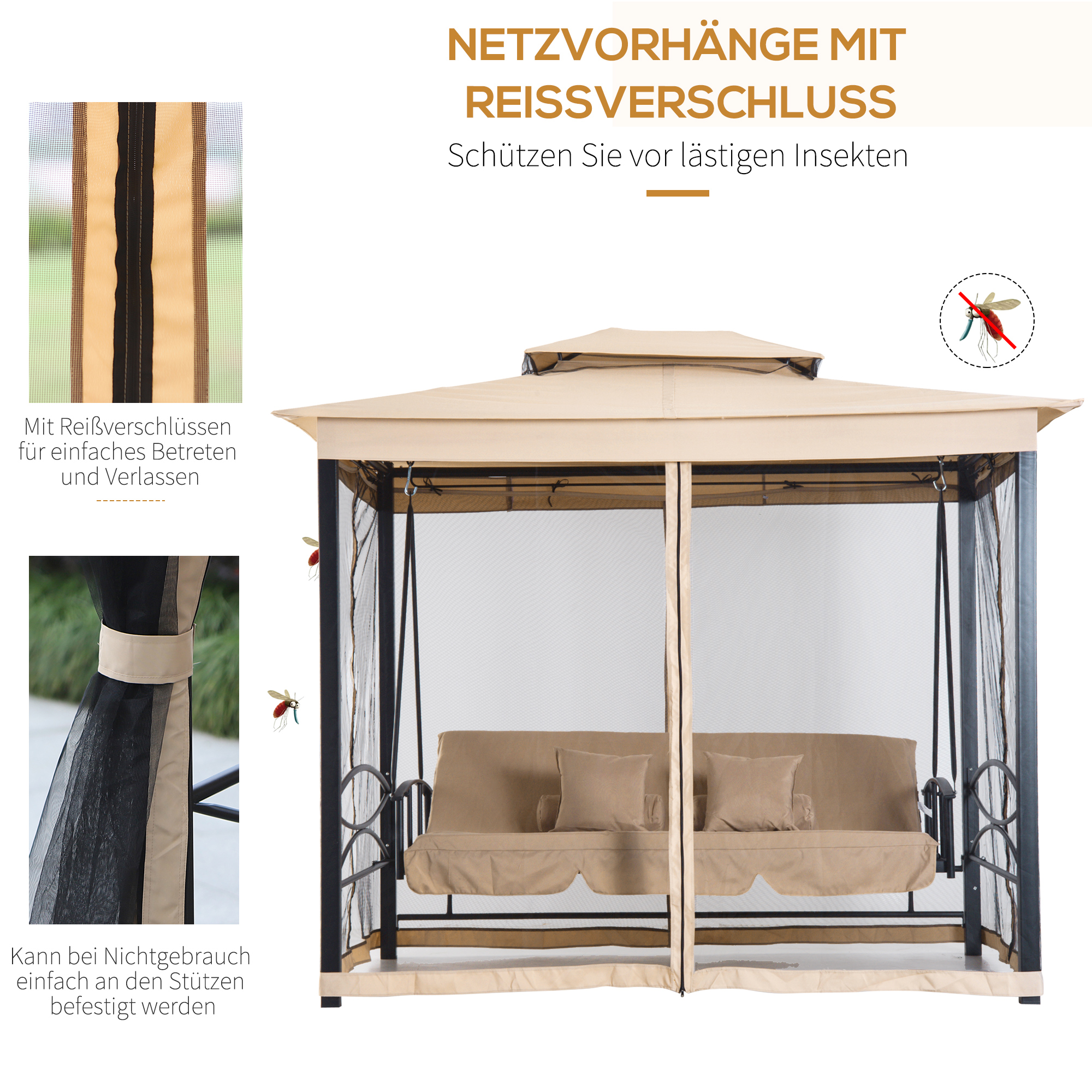 Hollywoodschaukel Gartenschaukel Schaukel mit Seitenwänden 3-Sitzer Beige 256 x 172 x 248 cm
