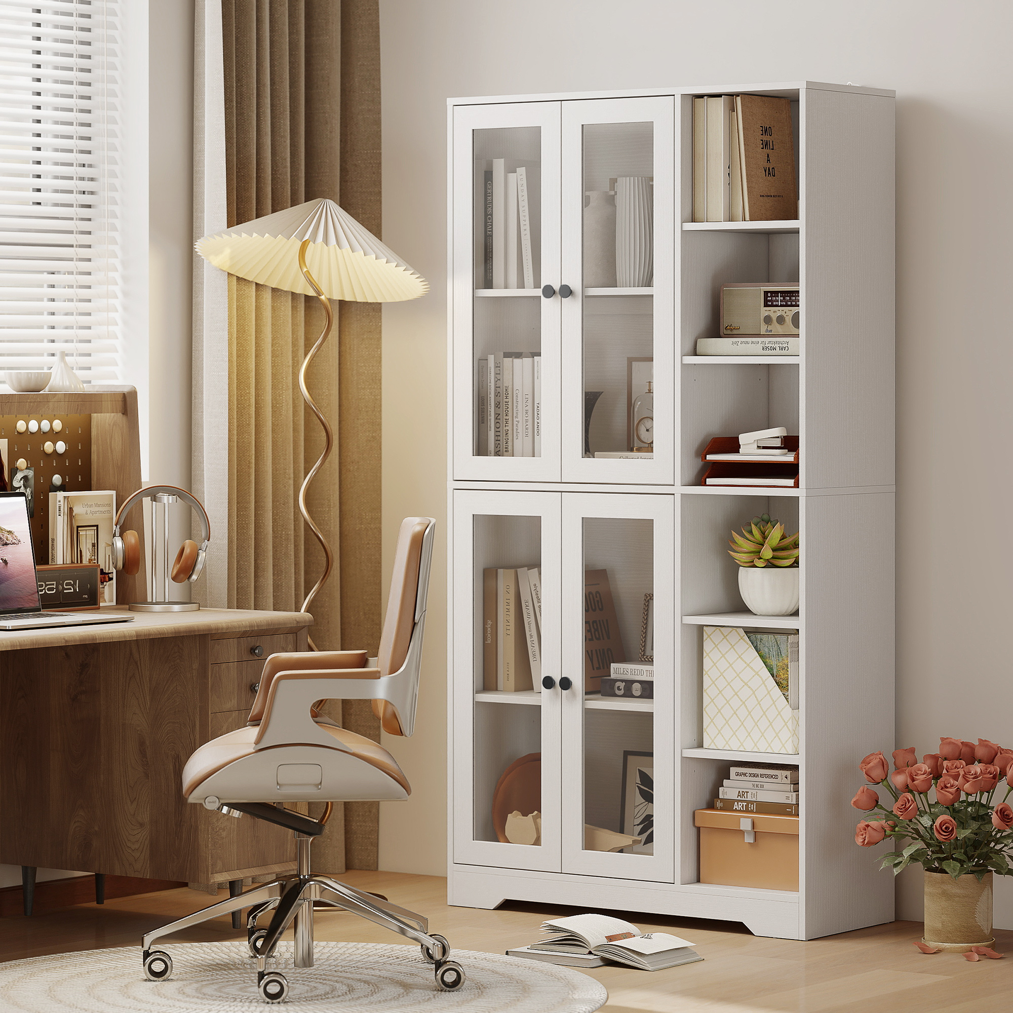 Küchenschrank mit Glastüren, Regale, offene Ablagen, 172 cm groß, MDF, Weiß