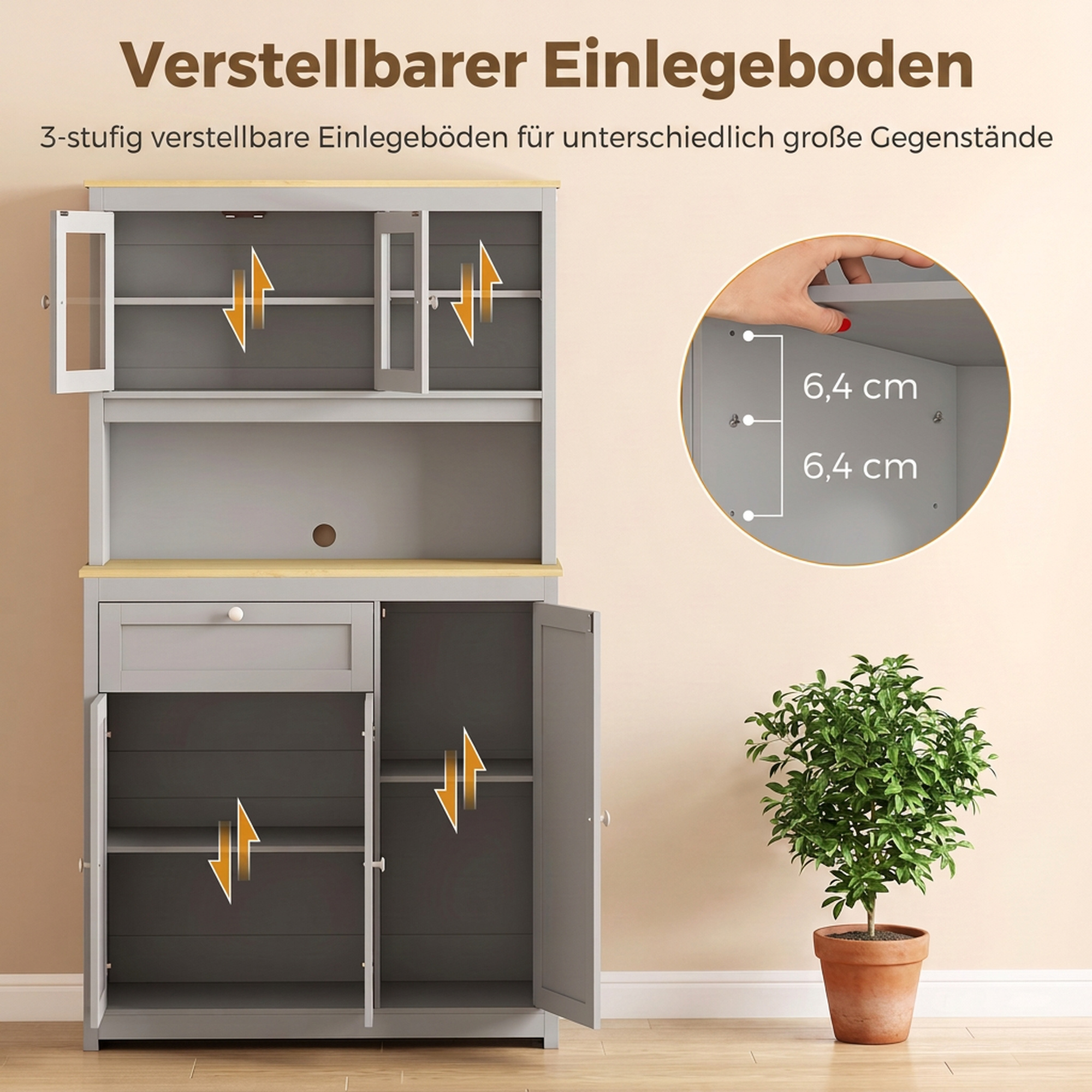 Vorratsschrank mit offener Arbeitsfläche und Kabeldurchlass, Küchenbuffet mit Glastüren Grau, 180cm
