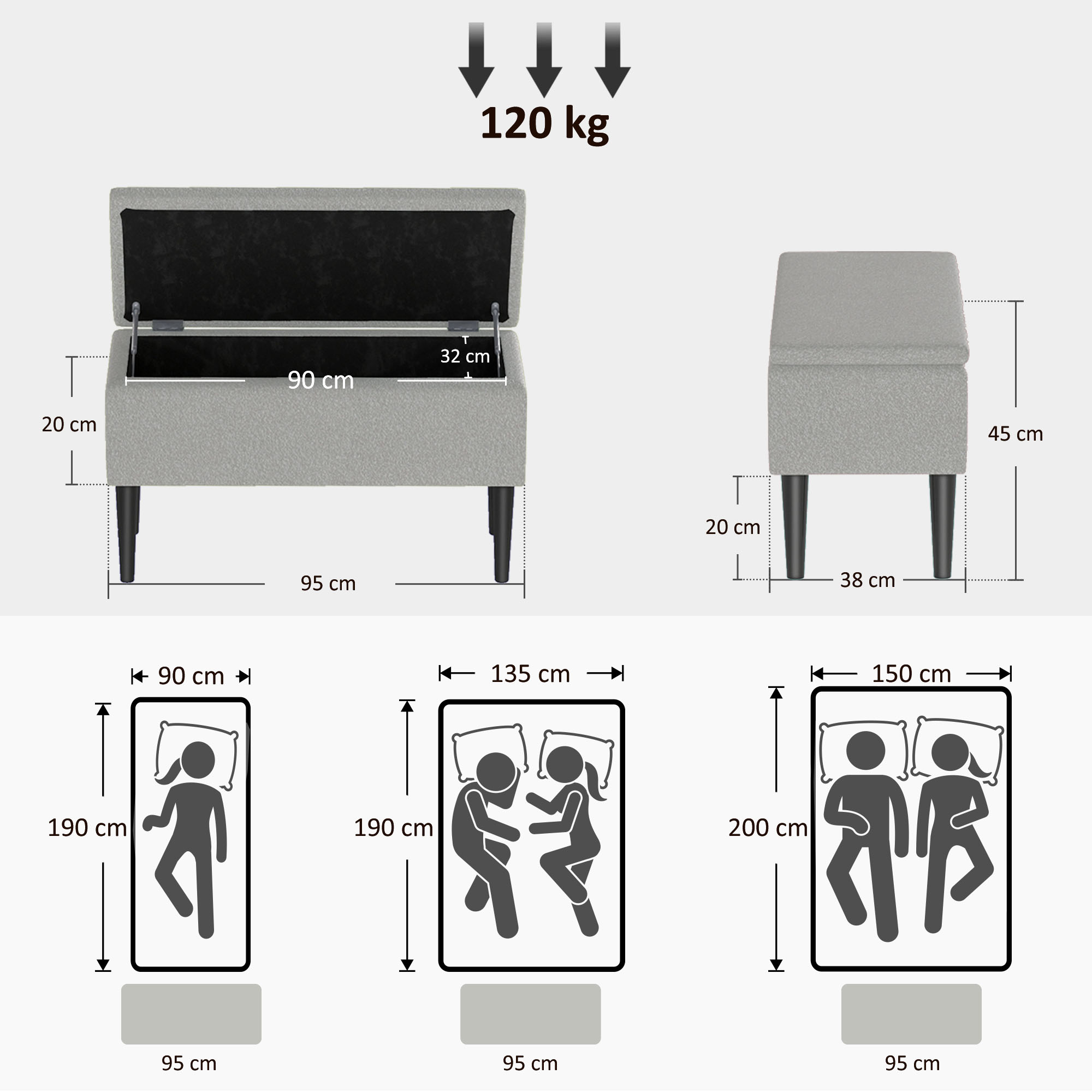 Sitztruhe, Sitzbank mit Stauraum, bis 120kg, Samtoptik, 95x38x45cm, Grau