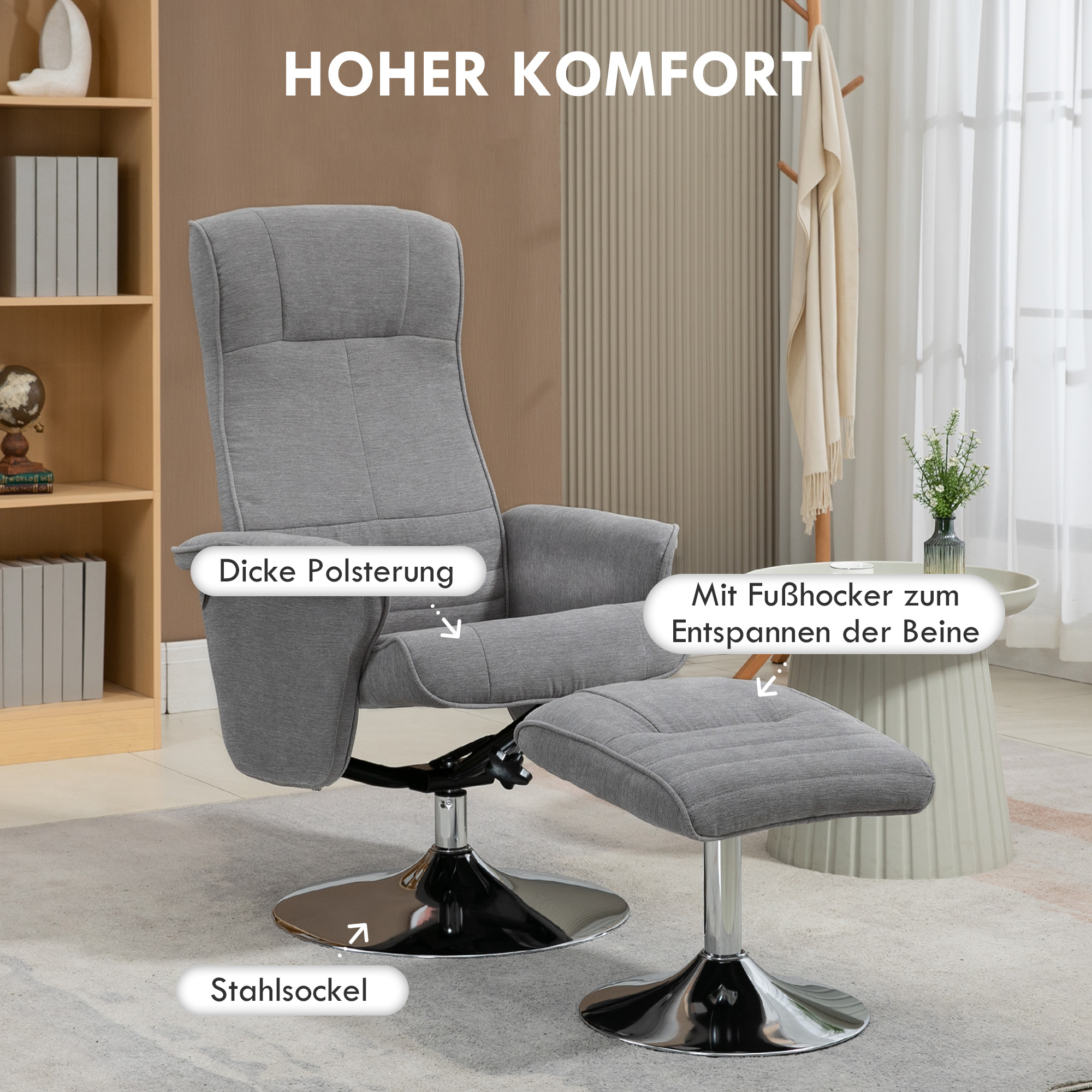 Relaxsessel mit Hocker, drehbar, neigbare Rückenlehne, bis 150 kg, 69 x 71 x 104 cm, Grau