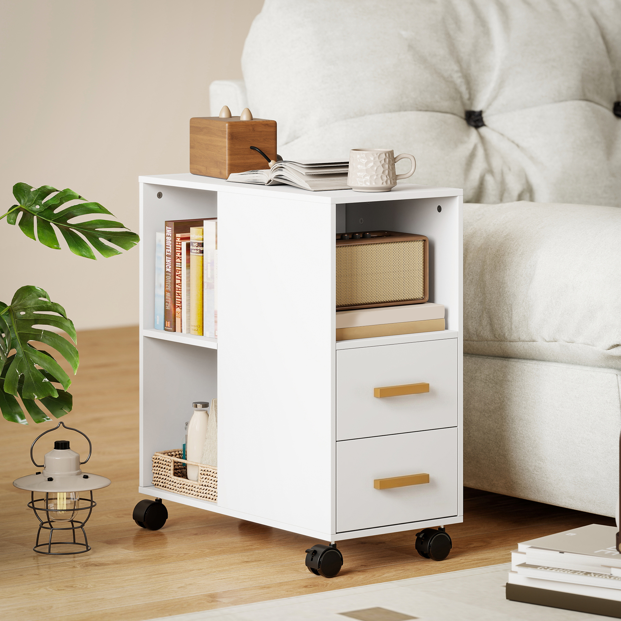 Druckerständer Druckertisch mit Verstellbar Ablage, Rollen für Fax Scanner 60 x 30 x 65 cm Weiß