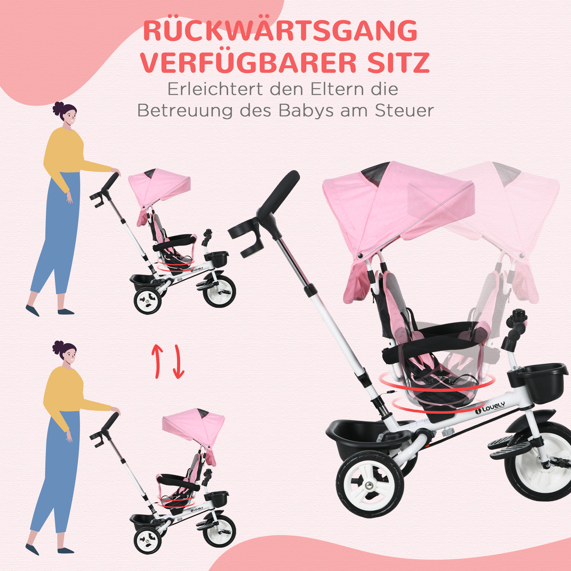 6-in-1 Kinderdreirad mit Schiebestange, Dach, Gurt, Ablagekorb, 18+ Monate, Rosa
