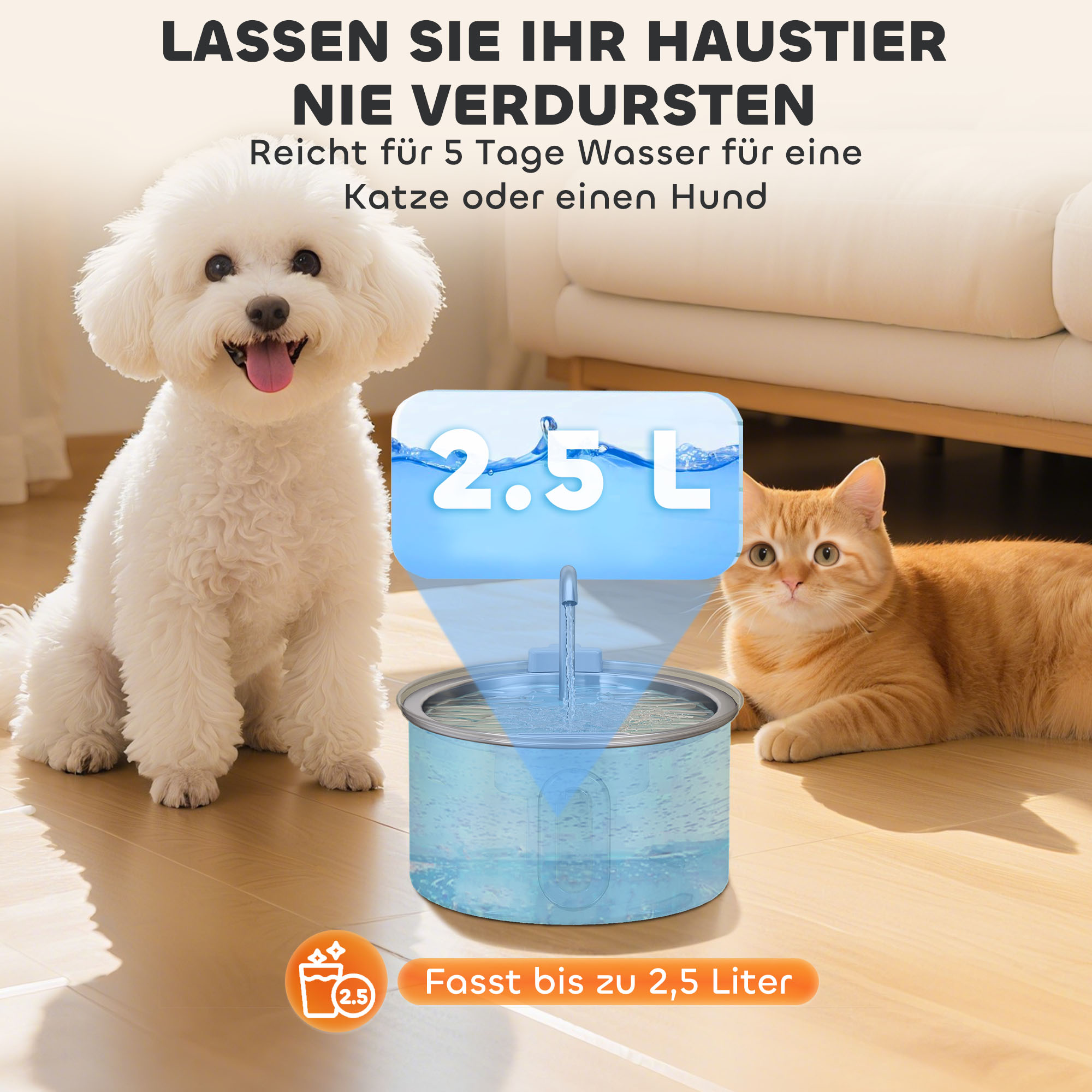 Katzenbrunnen 2,5L Trinkbrunnen für Katzen mit leiser Pumpe LED Aktivkohlefilter 19,4 x 19,4 x 18,7 cm