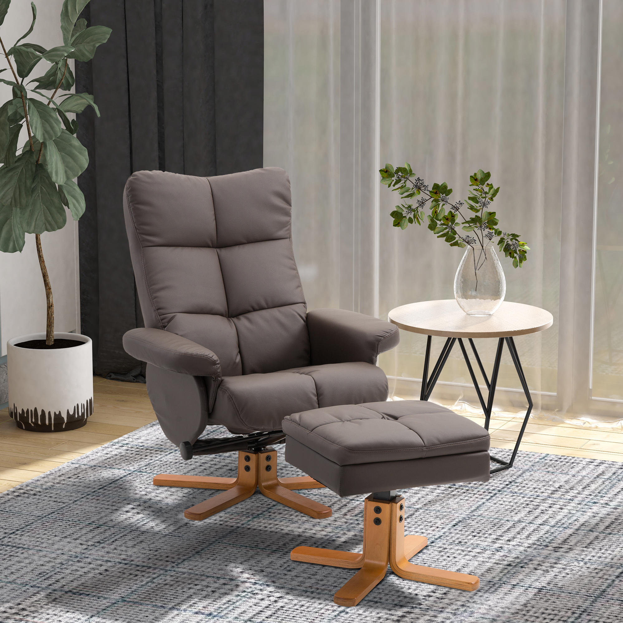 Relaxsessel mit Hocker, 360°drehbarer Fernsehsessel mit Liegefunktion Lesesessel für Schlafzimmer, Wohnzimmer, Kunstleder, Braun