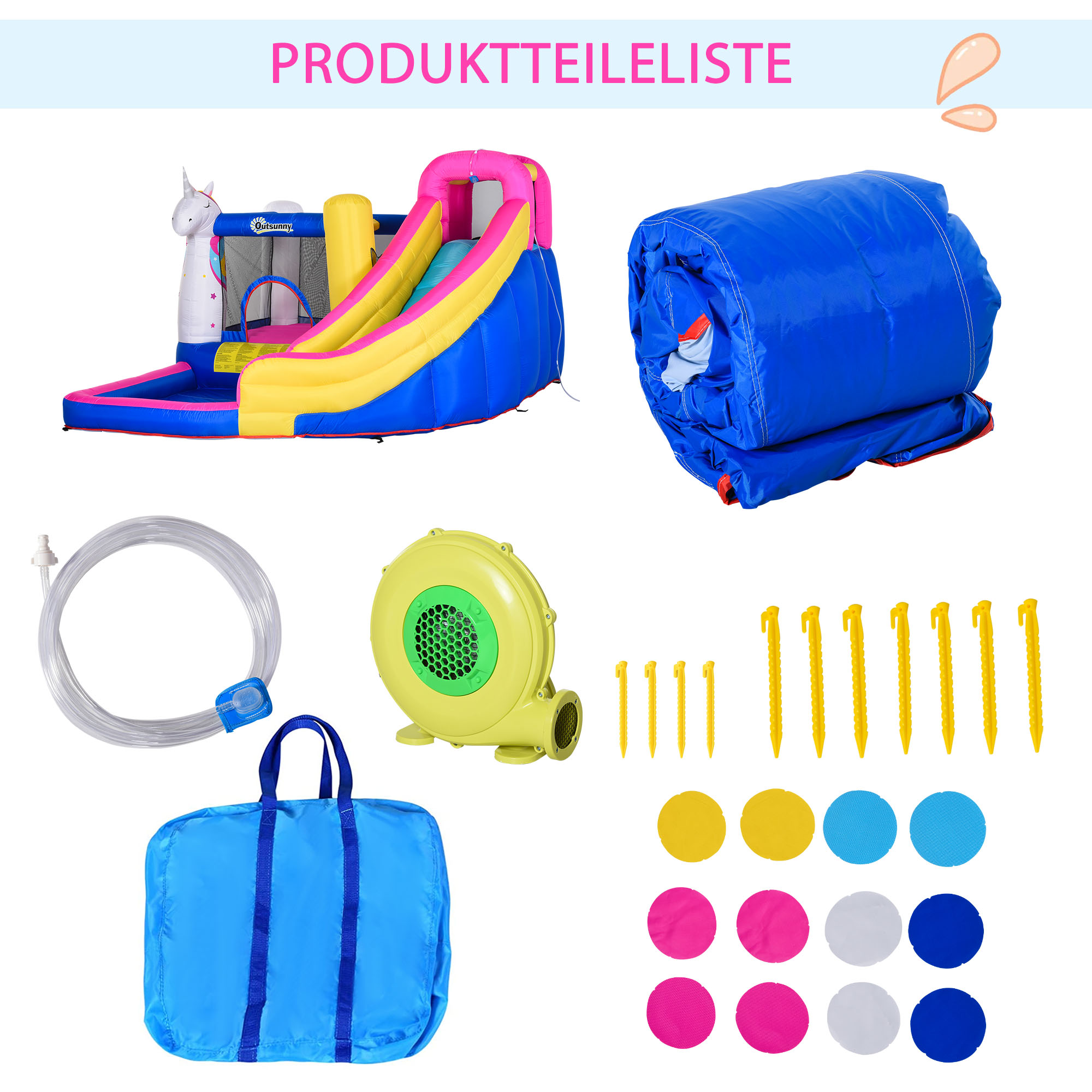 Hüpfburg im Märchendesign inkl. Gebläse, Rutsche, Wasserbecken u. Basketballkorb 360 x 305 x 210 cm