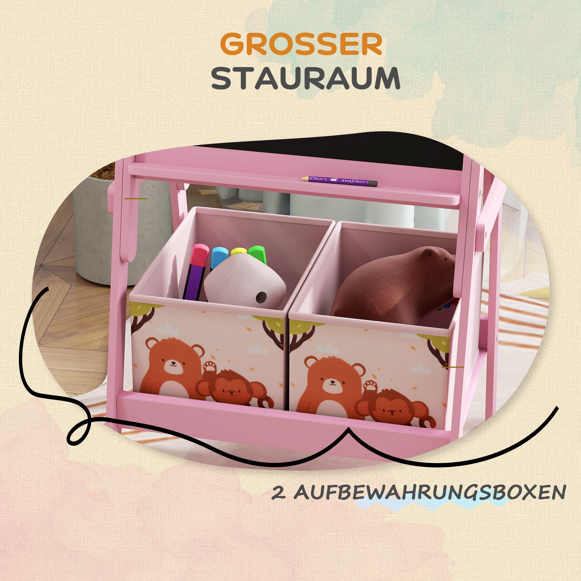 2-in-1 Kindermalstaffelei mit Whiteboard, Kreidetafel, Aufbewahrungsboxen, für Kinder im Alter von 3-8 Jahren, Rosa