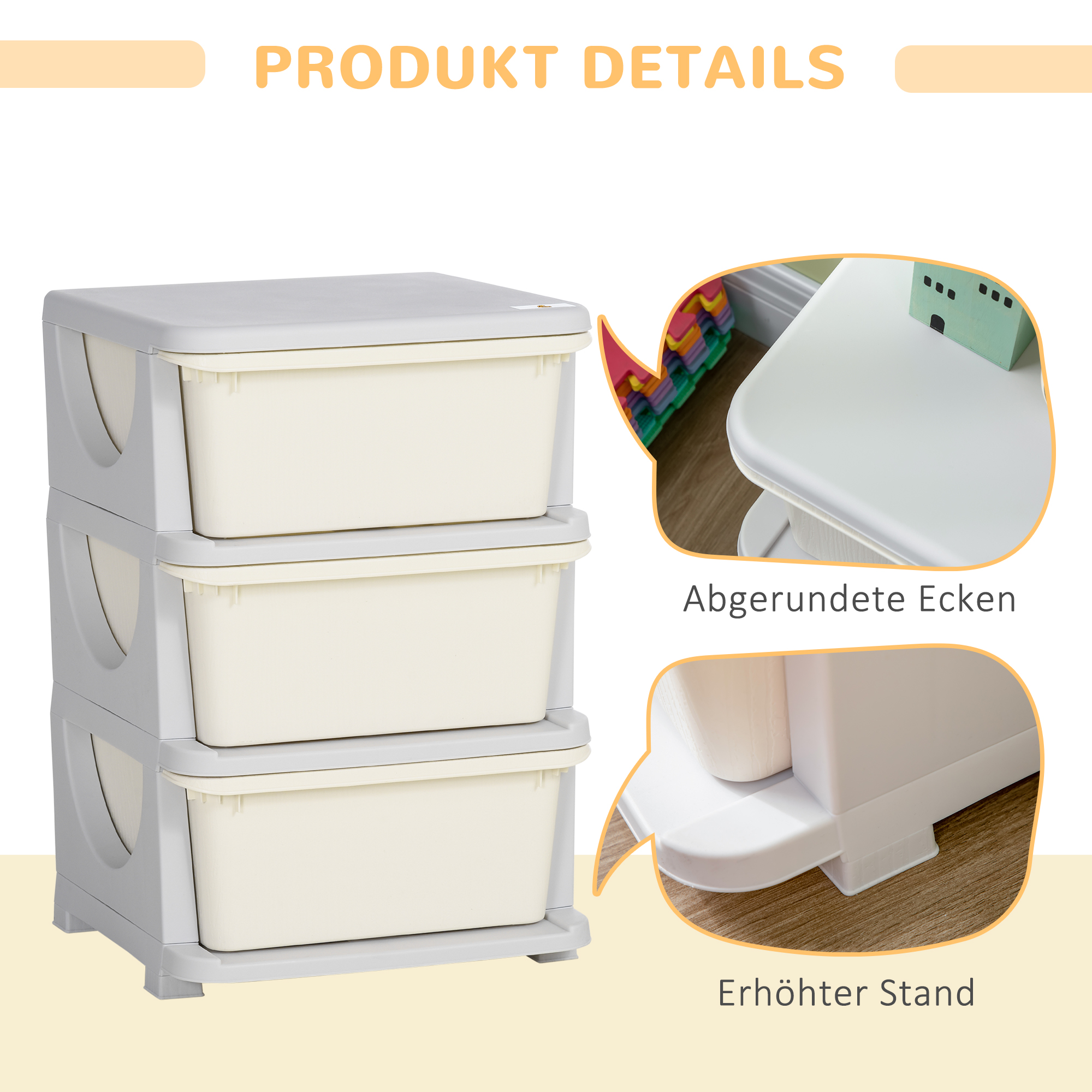 Aufbewahrungsboxen für Kinder, 3 große Schubladen, runde Kanten, Kunststoff, 37x37x56,5 cm, Cremeweiß