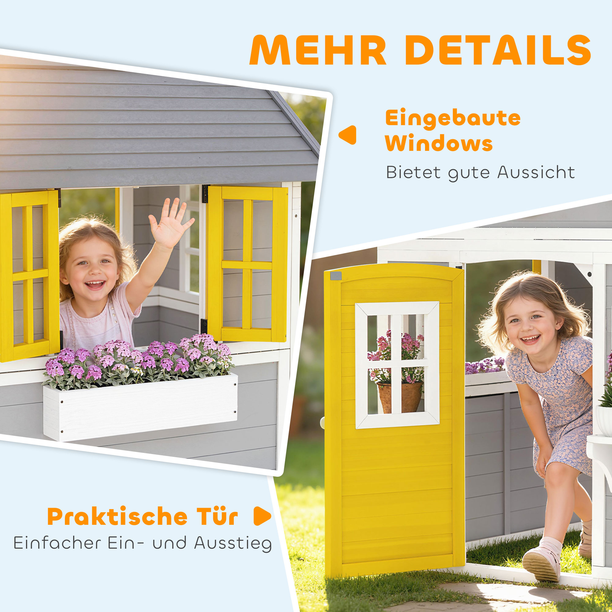 Spielhaus Wetterfestes Kinderspielhaus aus Holz mit Tür 6 Fenster 2 Blumenkästen 2 Blumenständern für 3-8 Jahre Grau