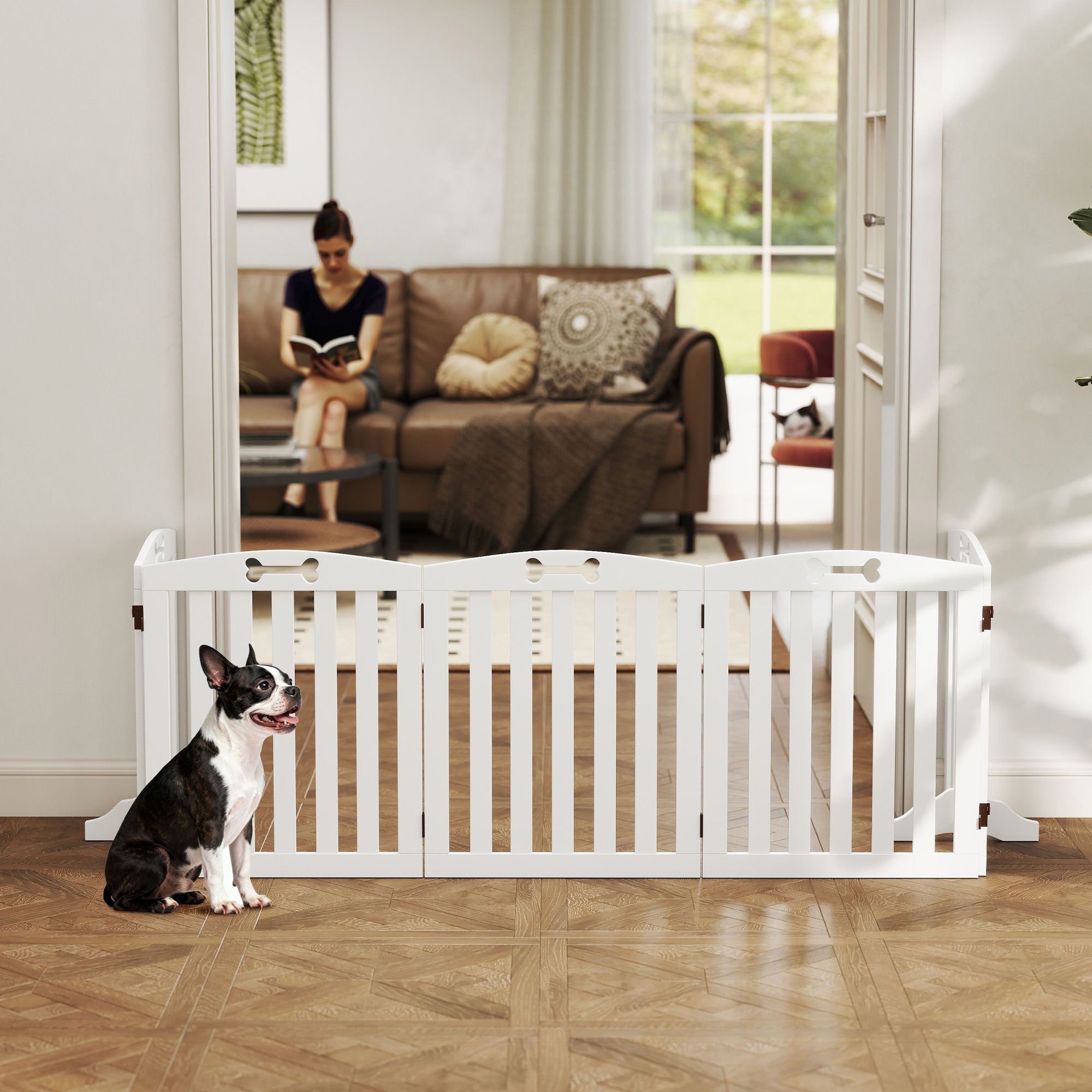 Freistehendes Hundegitter mit Stützfüßen, für Türrahmen, Flur, Treppe, 258 x 30 x 61 cm, Weiß