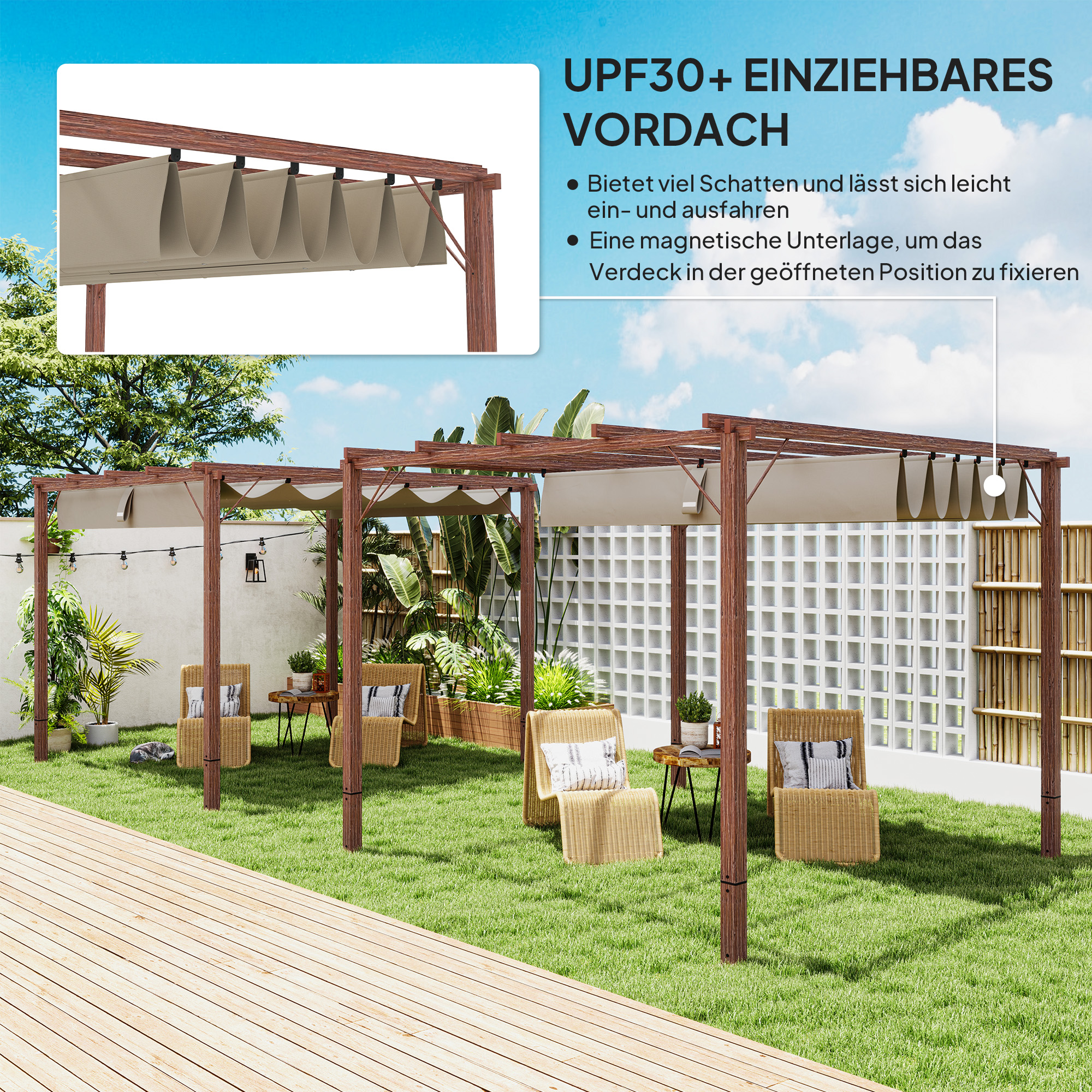 3 x 3 m Garten-Pergola, Verstellbares Terrassendach, Aluminium-Rahmen, UPF30+ Sonnenschutz, Naturholz