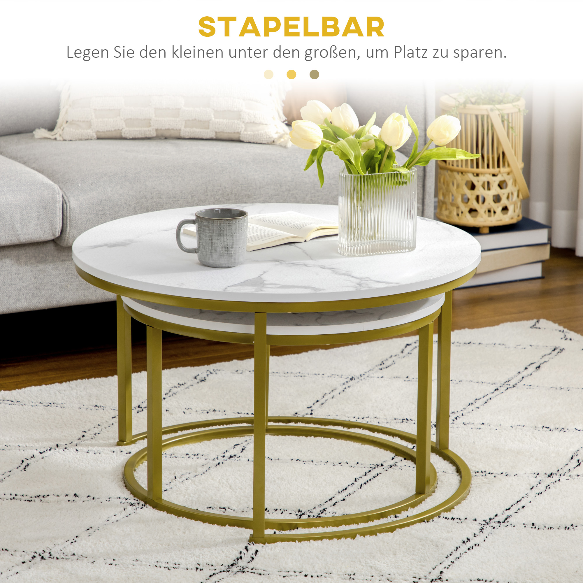Beistelltisch-Set, 2 Satztische, Ø74 & Ø59 cm, Marmoroptik, Rahmen in Gold